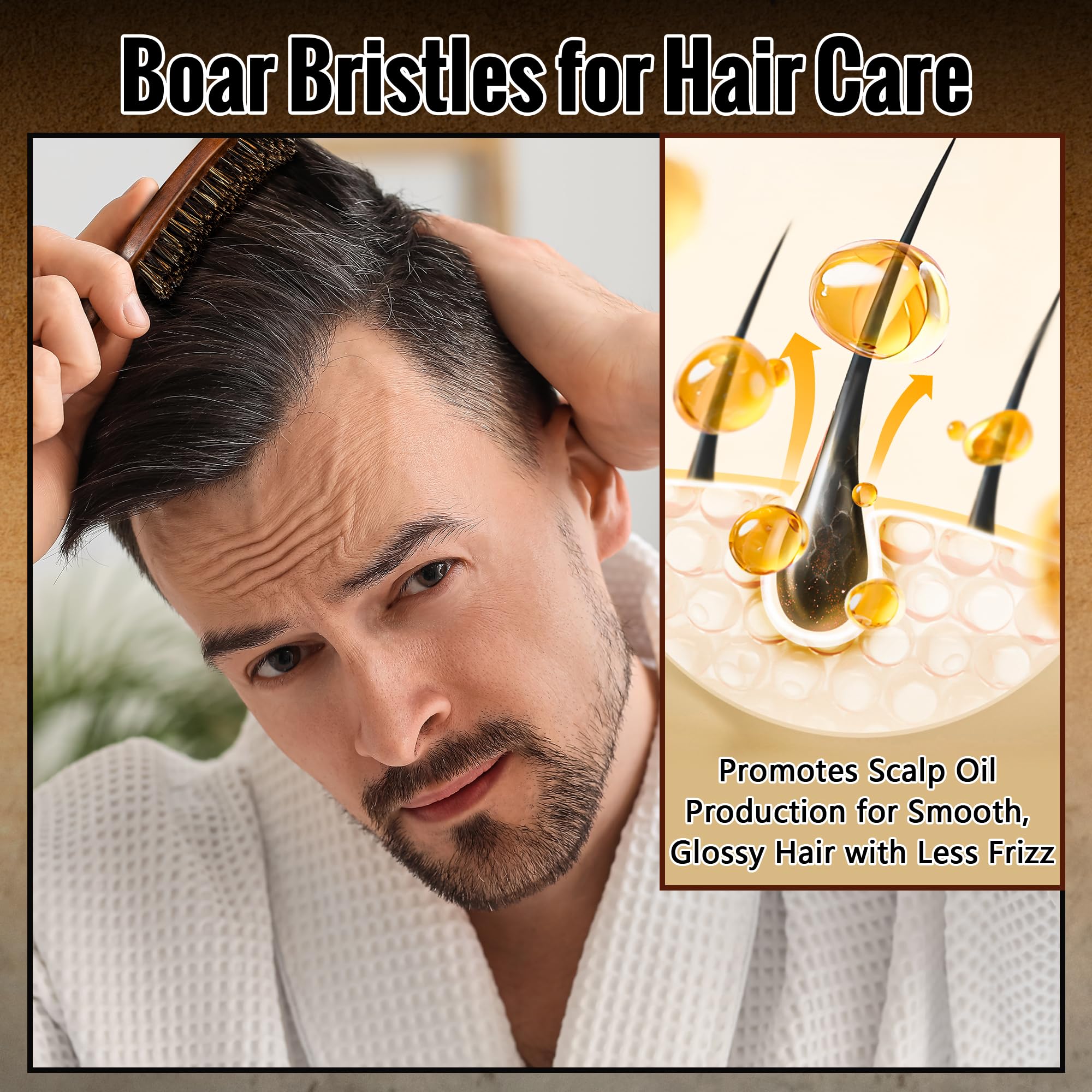 Boar Bristle Hair Brush For Men, Mens Slick Back Hair Brush With Stiff Bristles & Wooden Walnut Handle For Thick & Fine Hair Smo