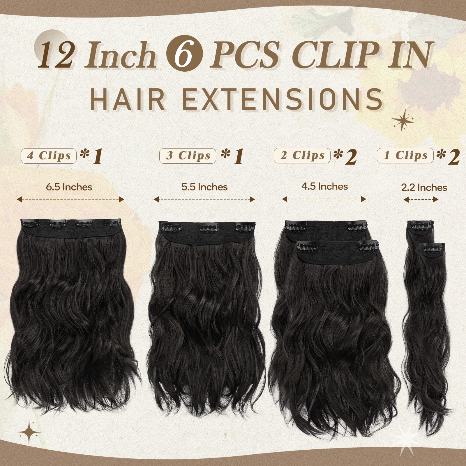 Barsdar Black Brown Clip In Hair Extensions - 12 Inch Wavy Clip In Hair Extensions For Women - 6Pcs Full Head Thick Soft Synthet