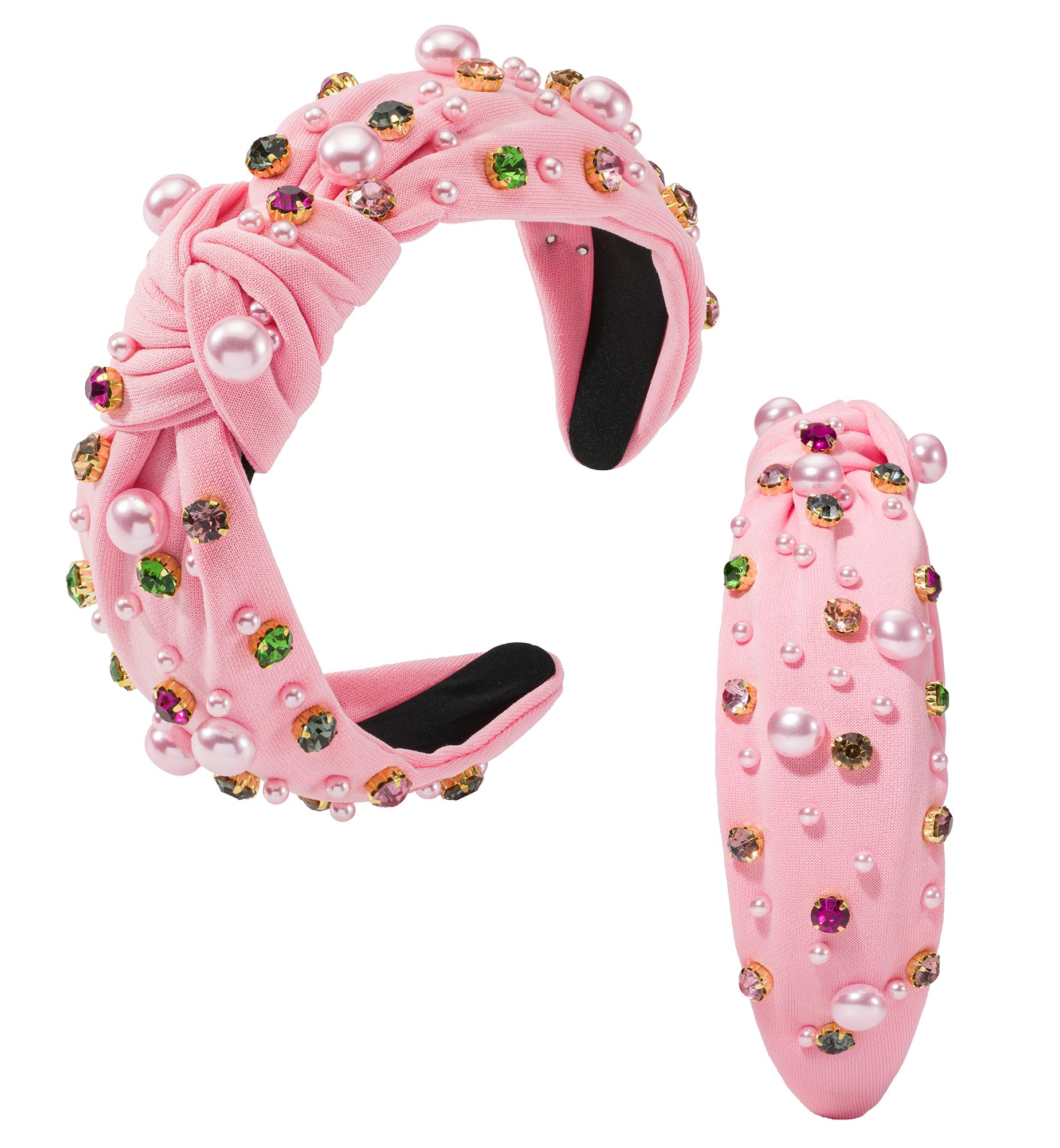 Mixcbe Valentines Day Pearl Headband for Women Holiday Red Pink Crystal Jeweled Knotted Headband Pink Wide Top Knot Headband Val