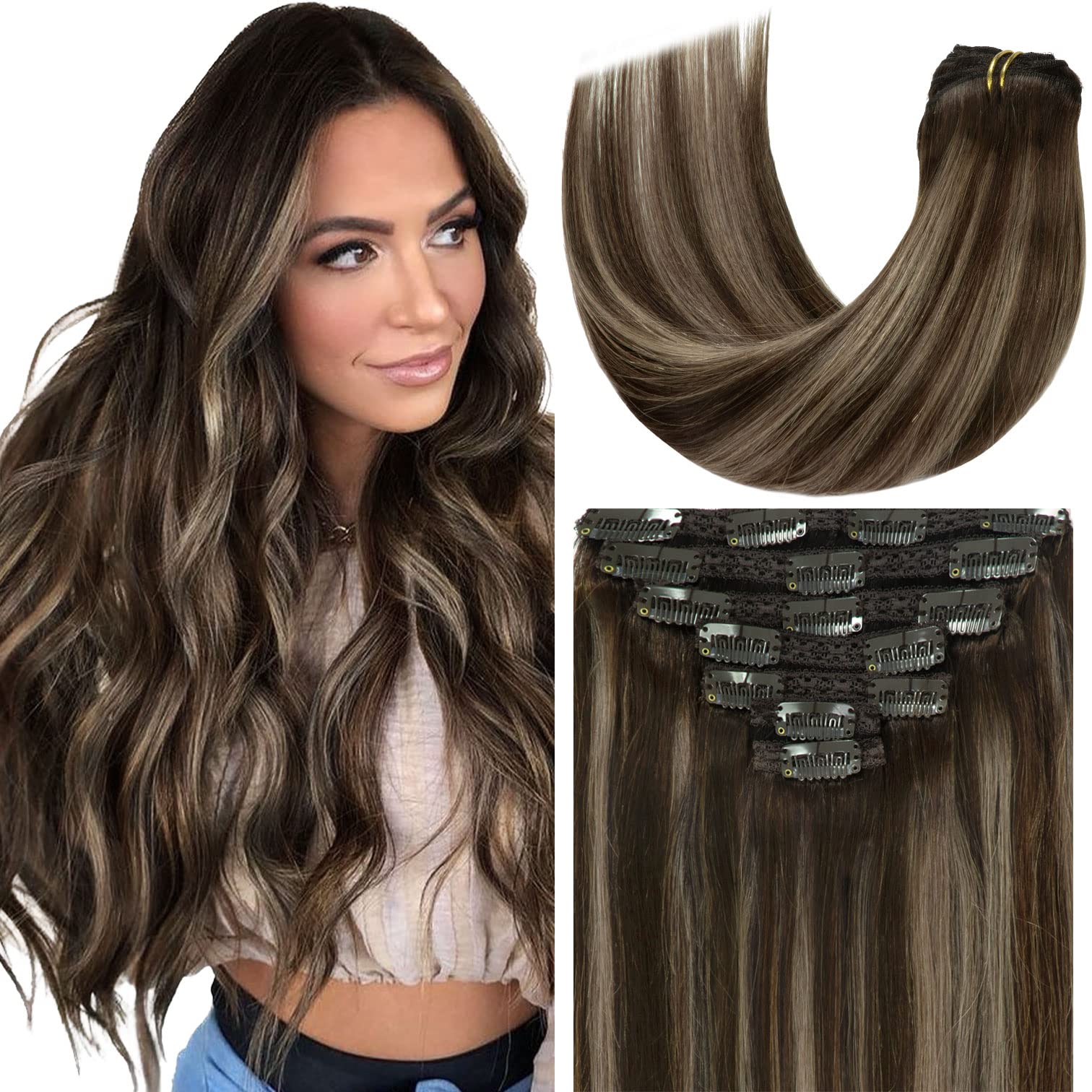 Loxxy 16 Inch 120g Hair Extensions Clip in Double Weft Human Hair Thick Silky Straight Clip in Brazilian Remy Hair Full Head Roo