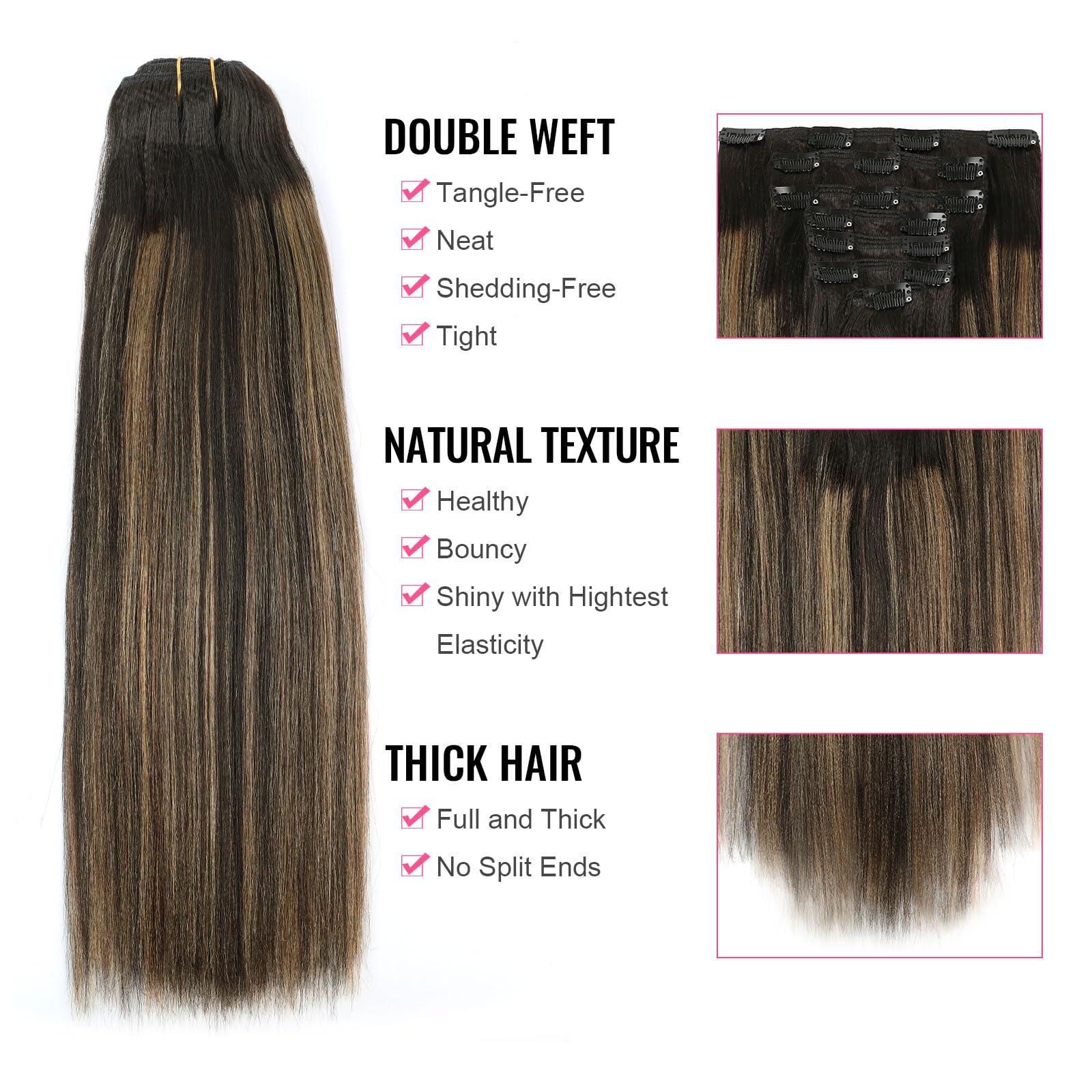 Abh Amazingbeauty Hair Yaki Straight Clip Ins Human Hair Rooted Black Piano Natural Black #1B Mixed With Caramel Blonde #27 Two