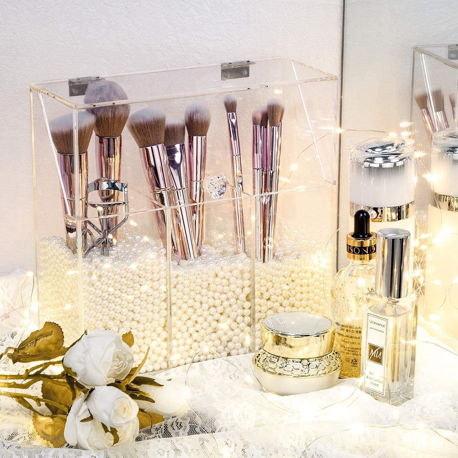 Yestbuy Clear Makeup Brush Holder, Acrylic Makeup Brush Organizer For Vanity, Cosmetic Brush Storage Box With Pearls, For Bathro
