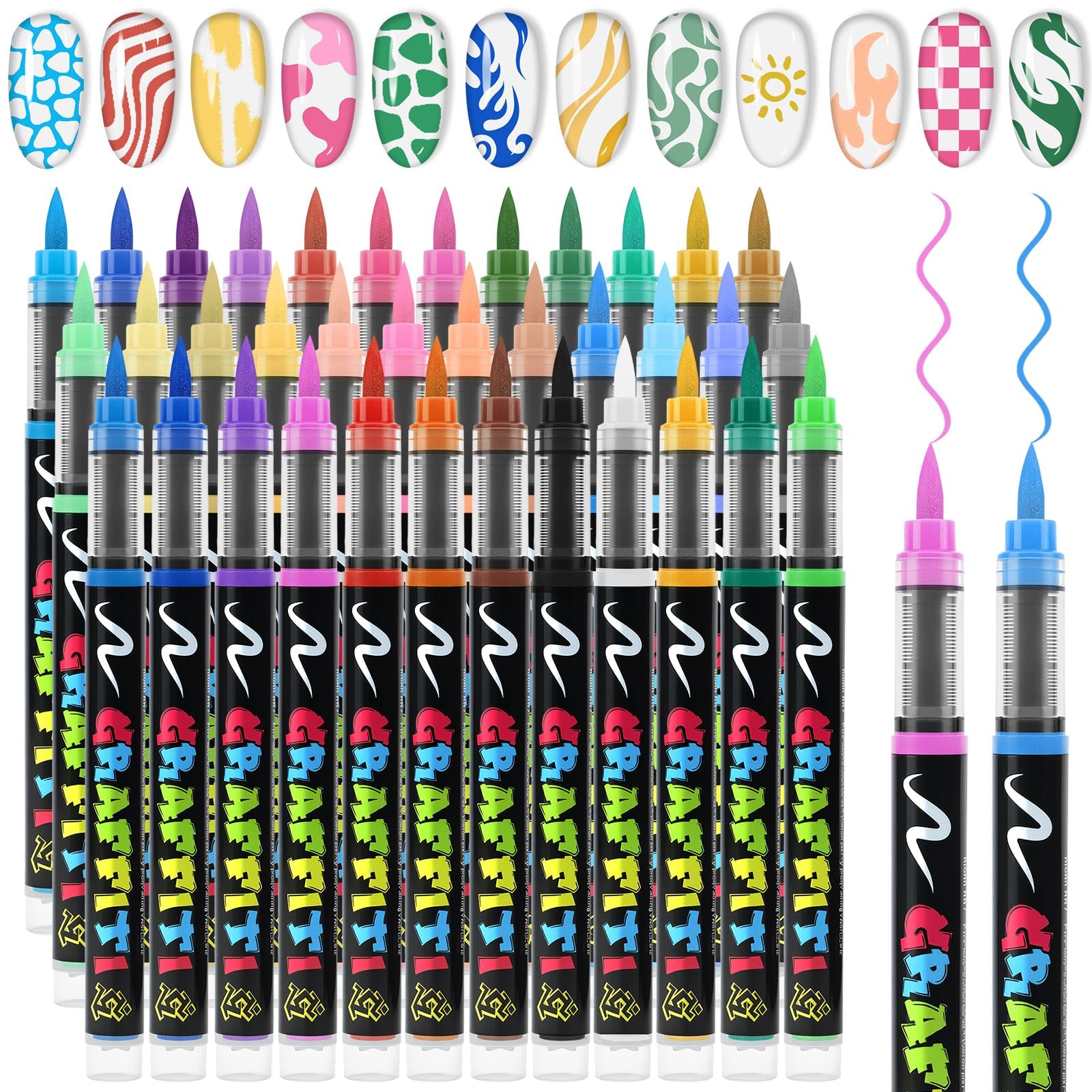 EBANKU 36 Colors Nail Art Pens Set, Quick Drying Nail Polish Pens 3D Soft-Tip Acrylic Paint Nail Pens for Nail Art, Nail Point D