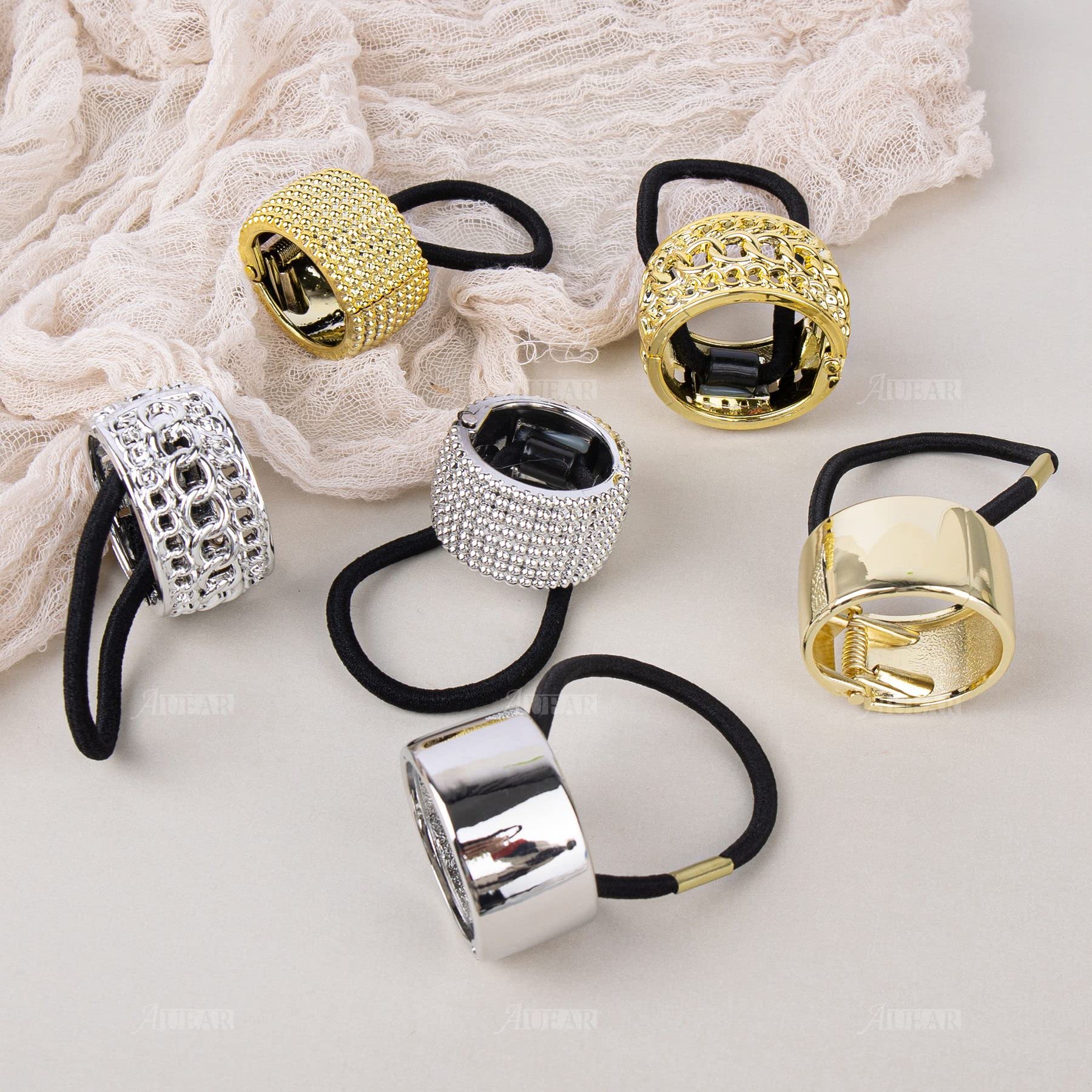 AUEAR, 8 Pack Rhinestone Ponytail Holder Hair Cuffs Gothic Punk Elastic Ties Bands Metal Cuff for Women Accessoires