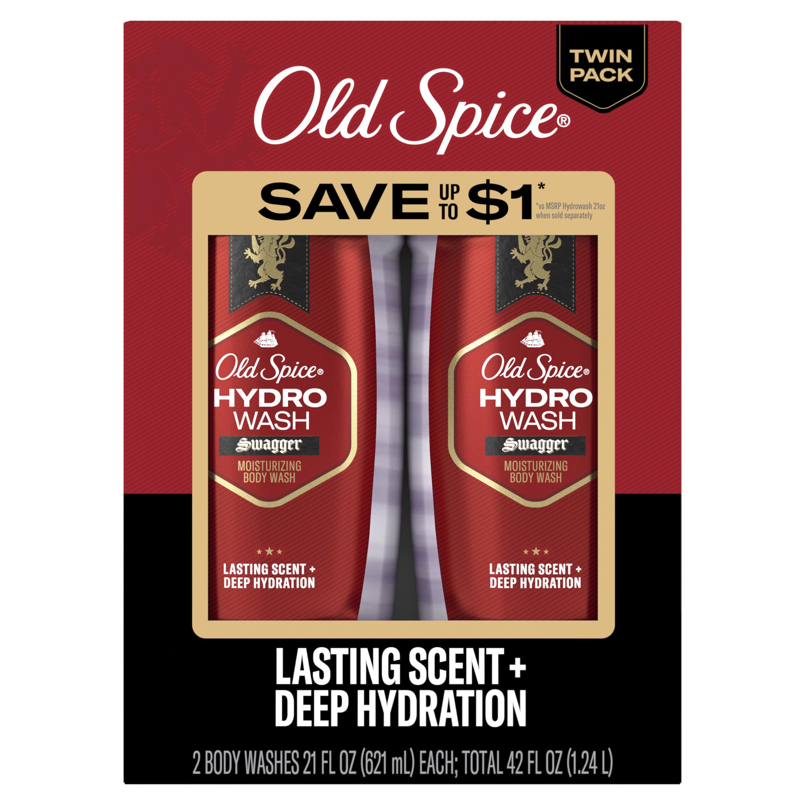 Old Spice Body Wash for Men Moisturizing Hydro Wash, Swagger Scent, 21 oz, Two Pack