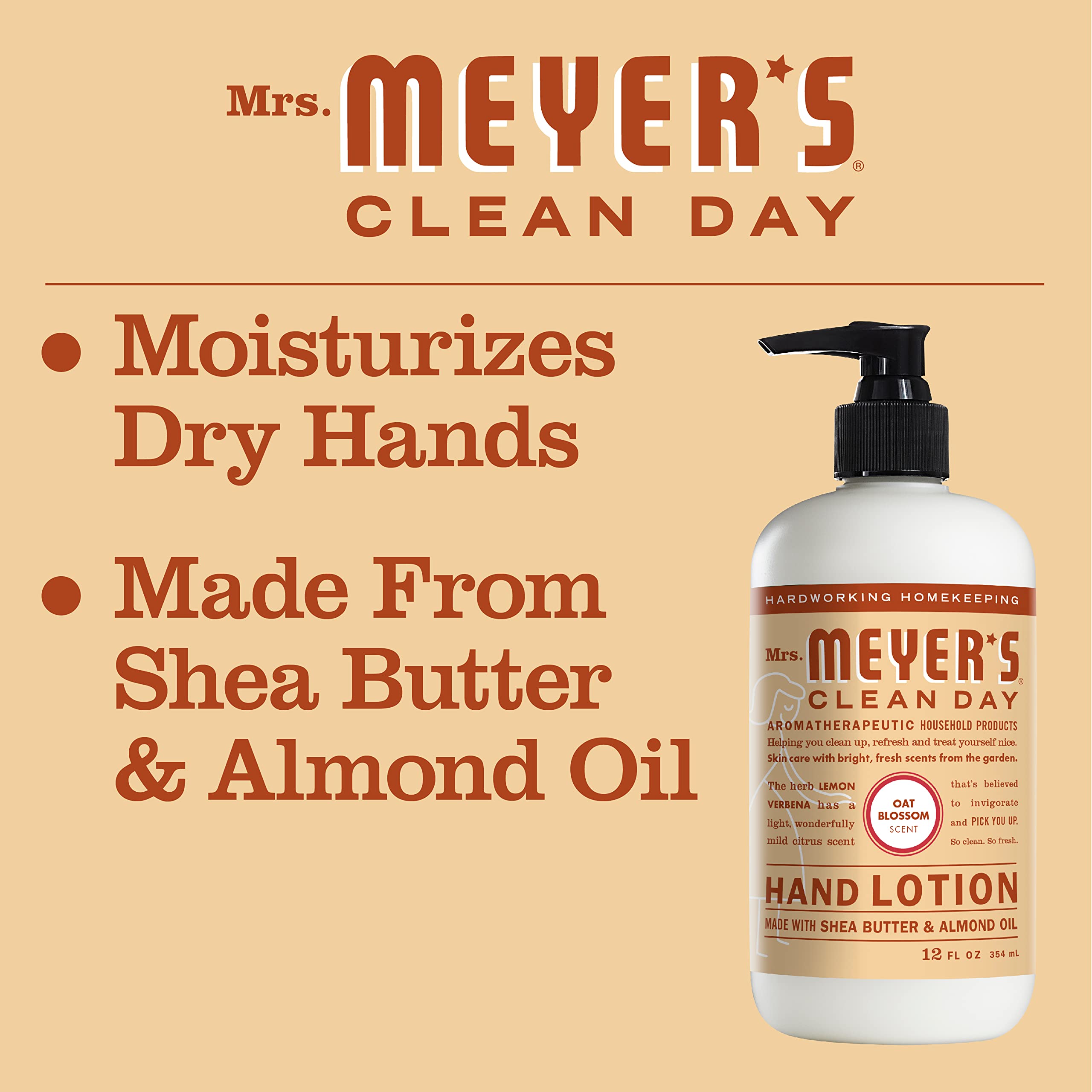 Mrs. Meyer 'S Clean Day Hand Lotion For Dry Hands, Non-Greasy Moisturizer Made With Essential Oils, Oat Blossom, 12 Oz Bottles,