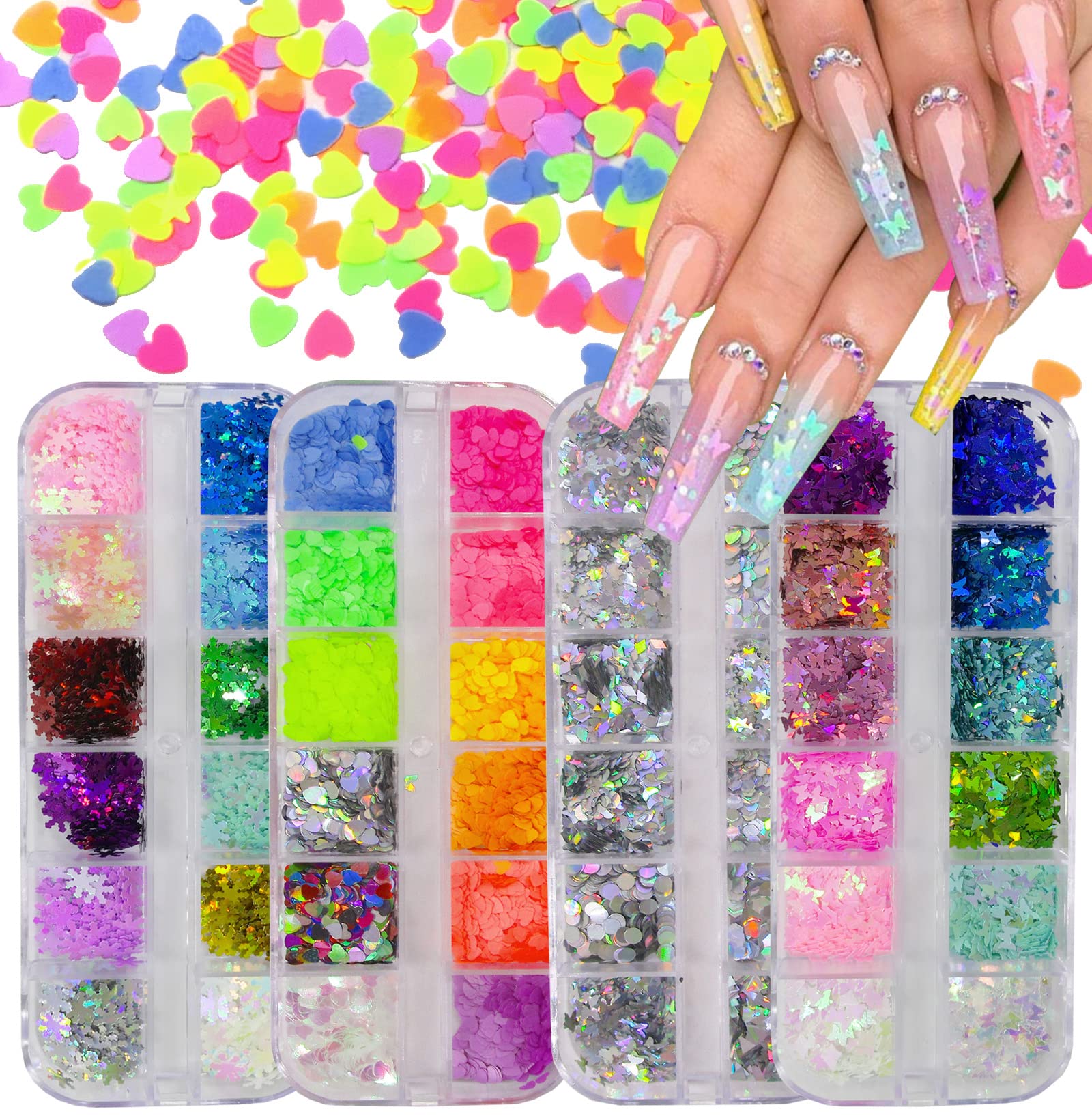 LoveOurHome Christmas 4 Boxes Holographic Butterfly Snowflakes Chunky Nail Glitter Flakes Heart Sequins Confetti Resin Accesssor