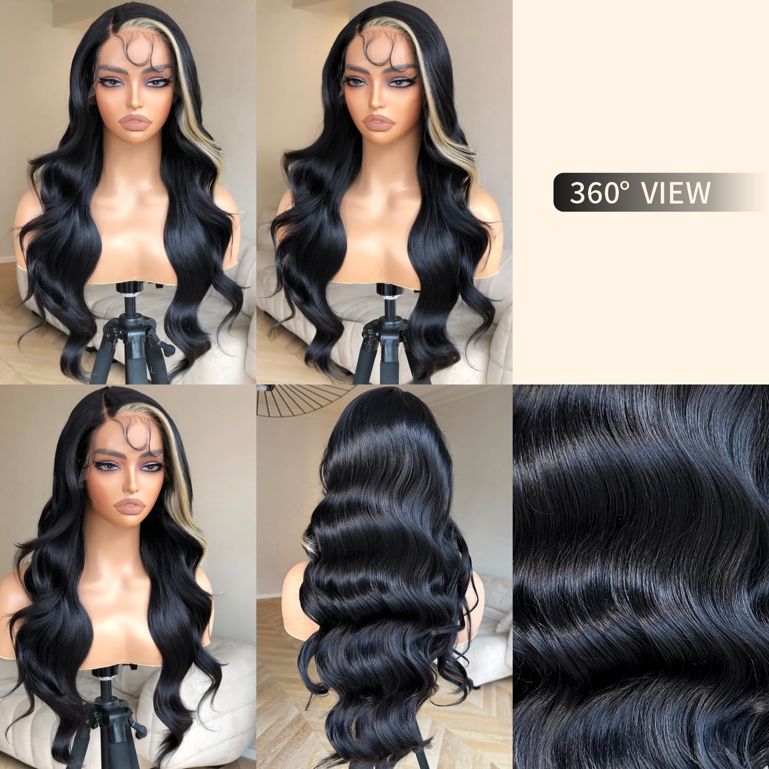 BrownBomb Skunk Stripe Wig Lace Front Wig Pre Plucked, Synthetic Lace Front Wigs for Women, Black and Blonde Wig Skunk Stripe La
