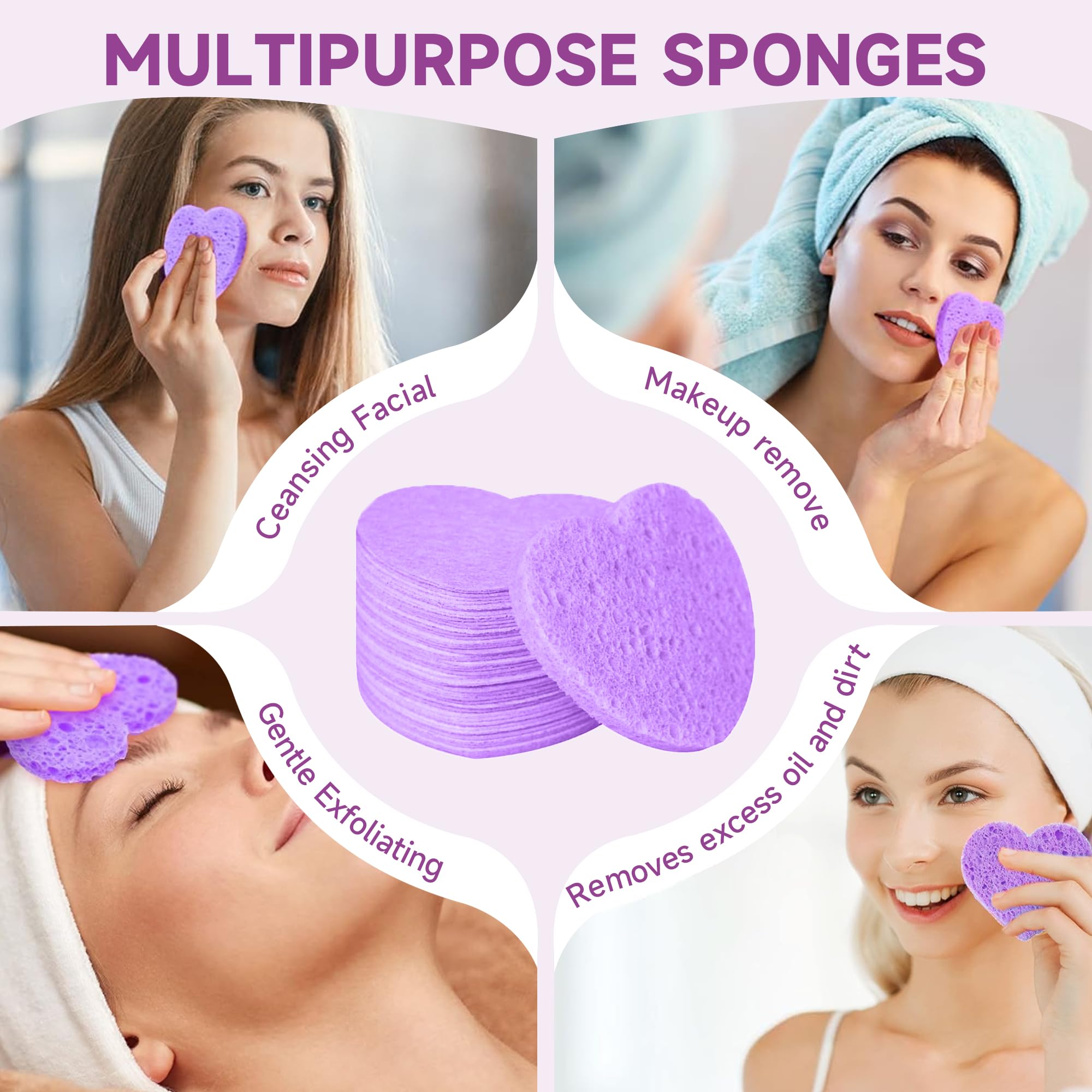 Silkyhose 50-Count Compressed Cellulose Facial Sponges - Heart-Shaped 100% Natural Cosmetic Sponges for Gentle Cleansing, Exfoli