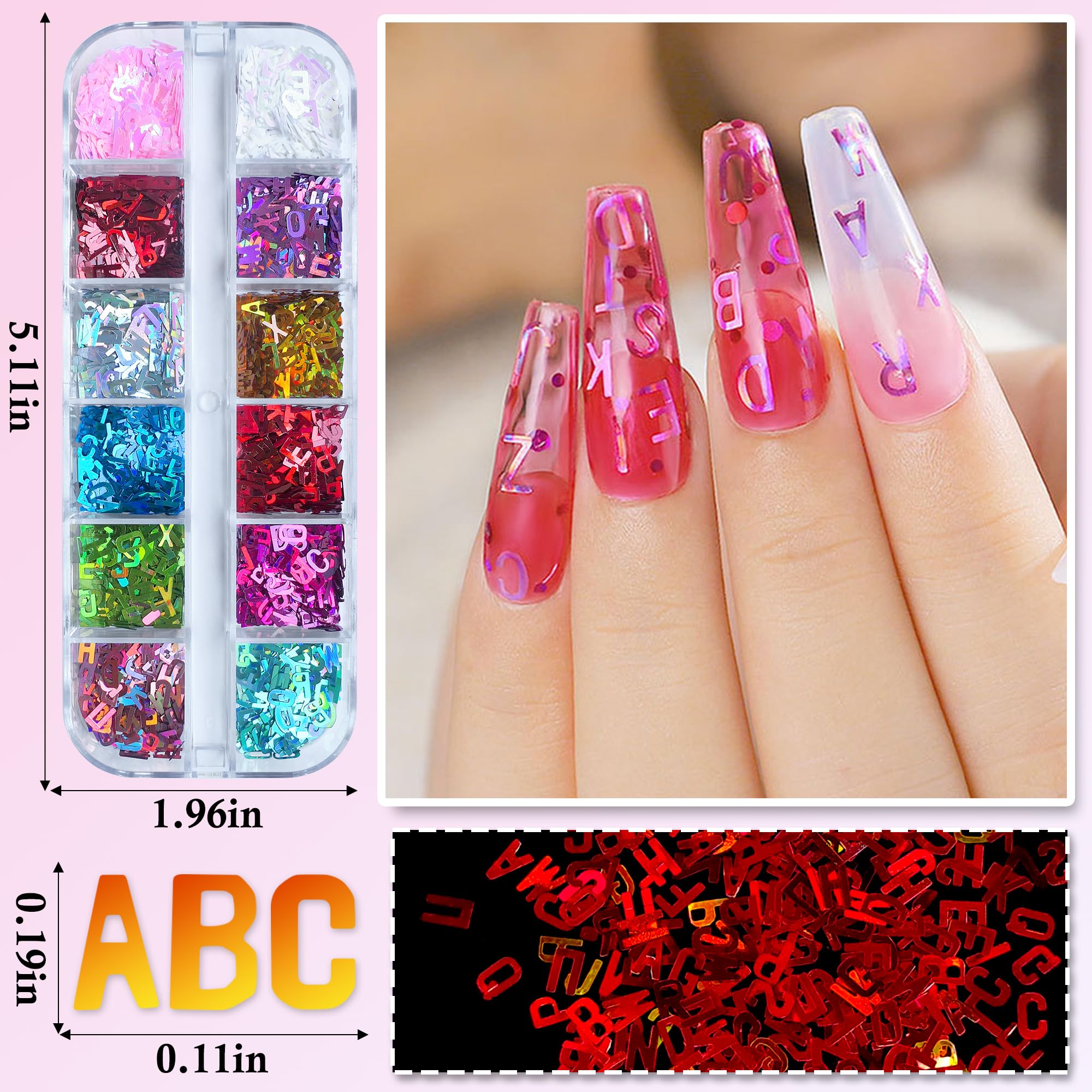Loveourhome 4 Boxes Holographic Nail Glitters Sequins Set Iridescent Heart Alphabet Letter Star Chunky Glitter Flakes Acrylic Na