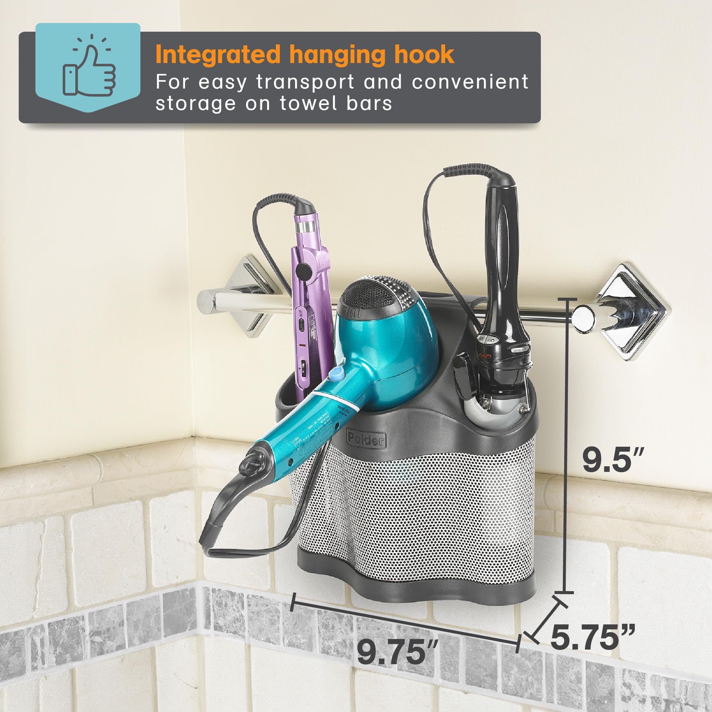 Polder Styling Tools Organizer - Stainless Steel, 2" Size, Black & Silver, Model BTH-7050-95, Ideal for Hair Dryers & Irons
