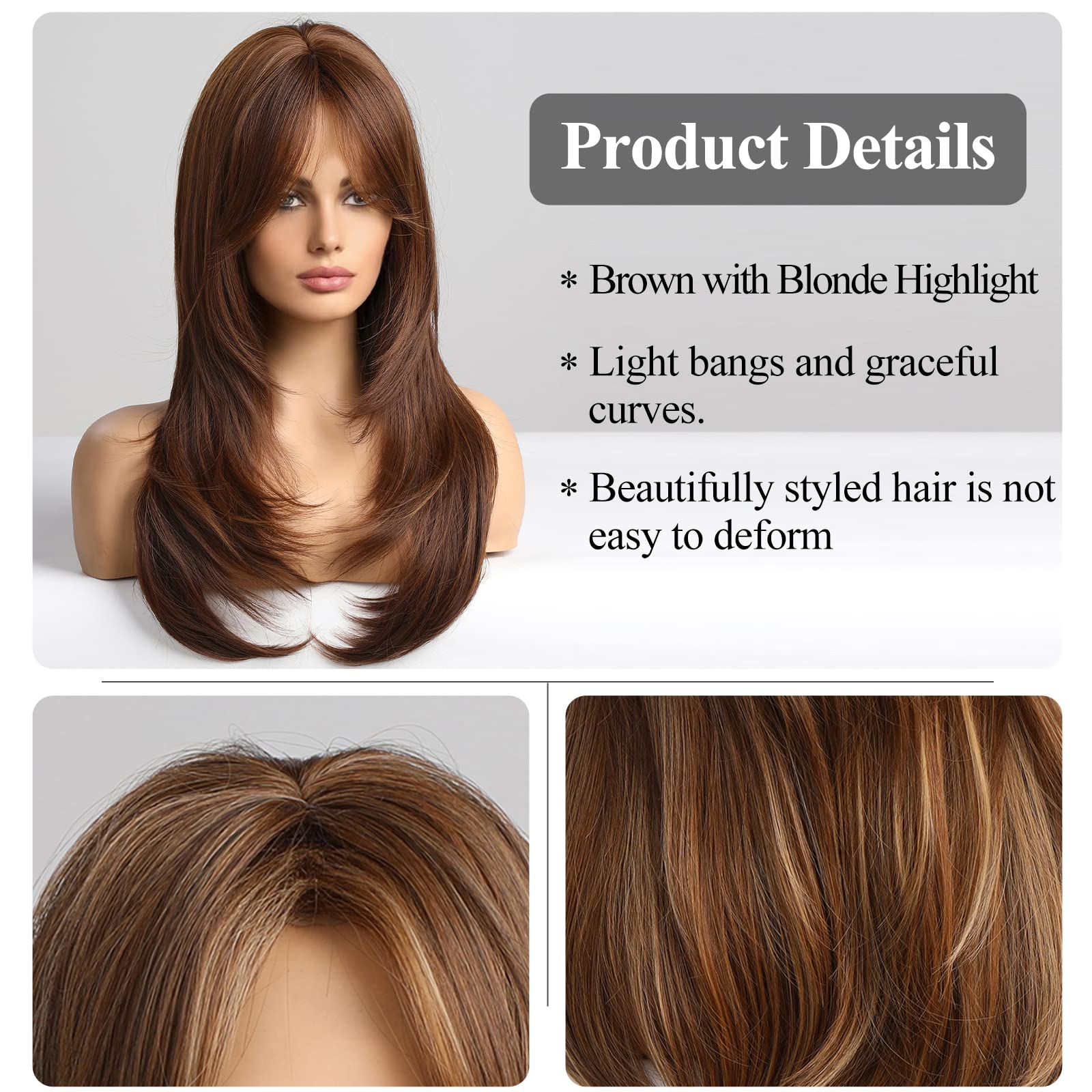 HAIRCUBE Brown Wigs for Women,Long Layered Brown with Blonde Highlight Wigs with Bangs Heat Resistant Synthetic Fibre Wigs(peluc