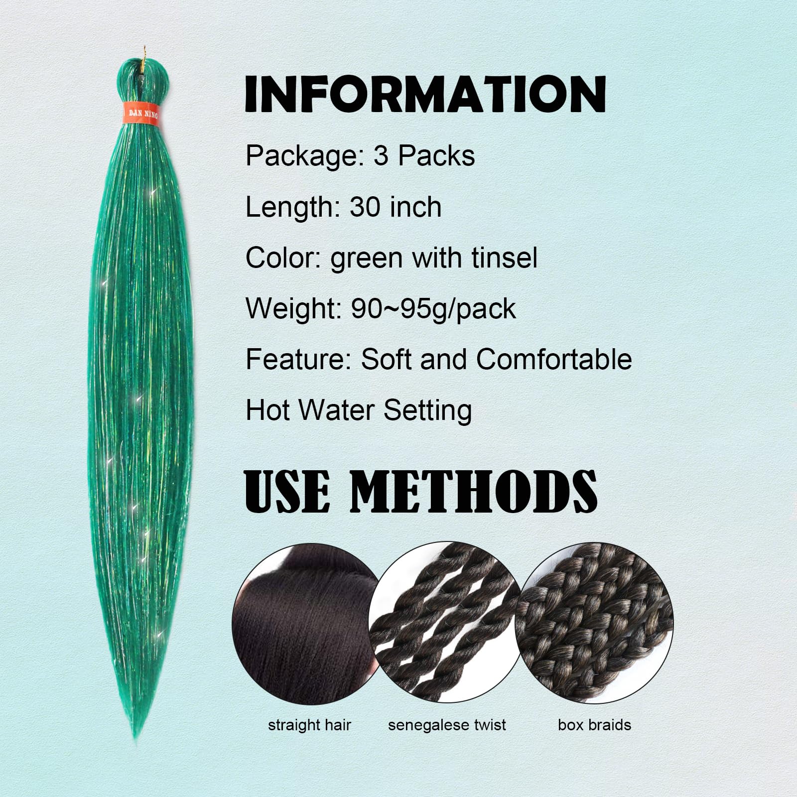 Sparkling Green Pre Stretched Braiding Hair 30 Inch Glitter Kanekalon Box Braid Hair Extensions Shinny 3 Packs Yaki Texture Pre