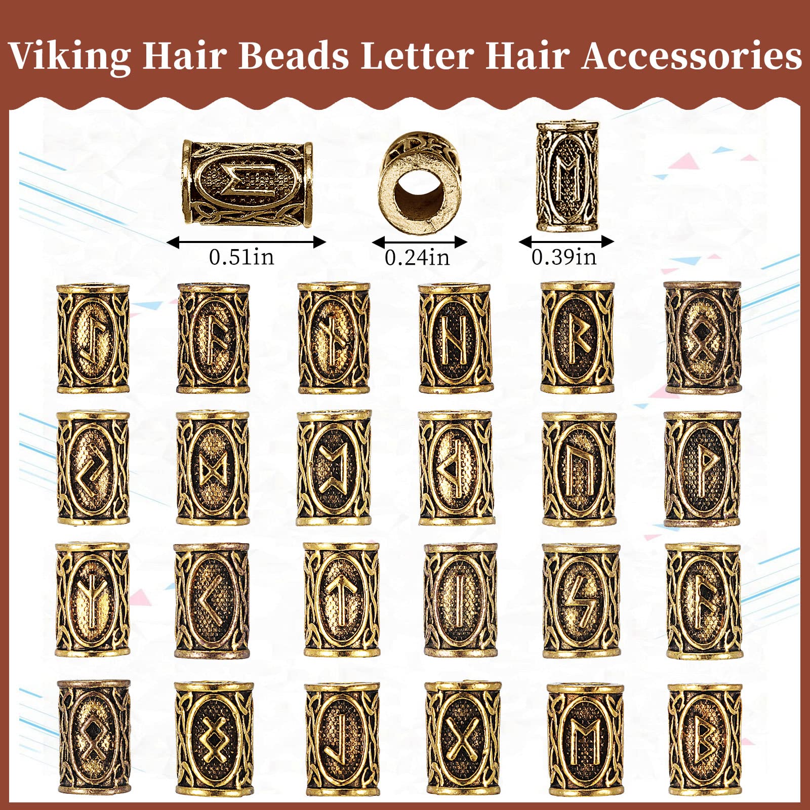 Geosar 24 Piece Norse Vikings Runes Hair Beard Beads For Bracelets Necklace Accessories Diy Includes 7 Pieces Pull Hair Pin Quic
