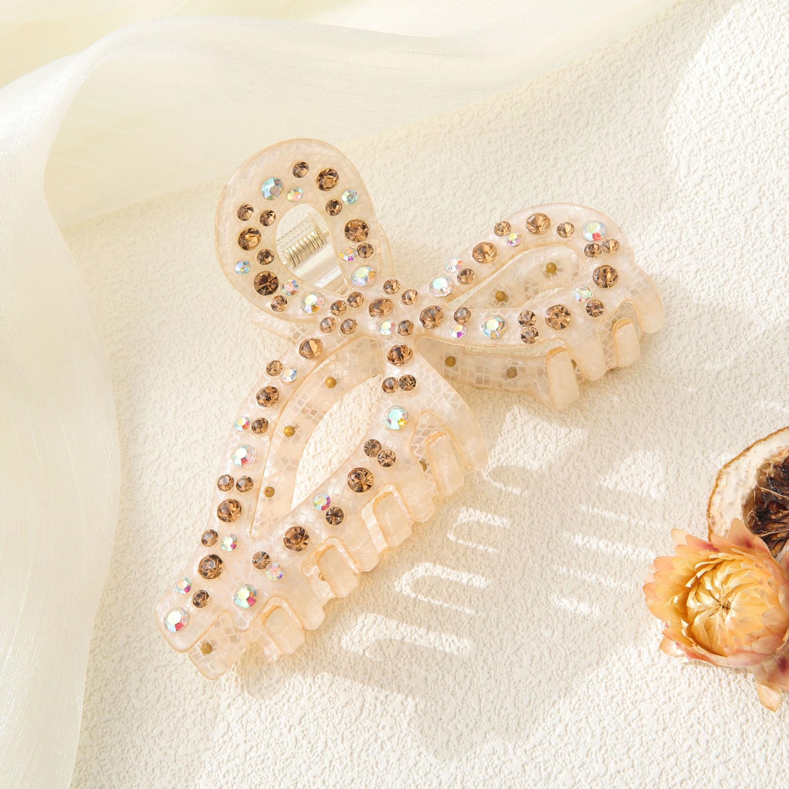 AWAYTR Rhinestone Hair Bow Claw Clip for Women, 4.3, Butterfly Style, Non Slip, for Long Thick Hair (Beige)