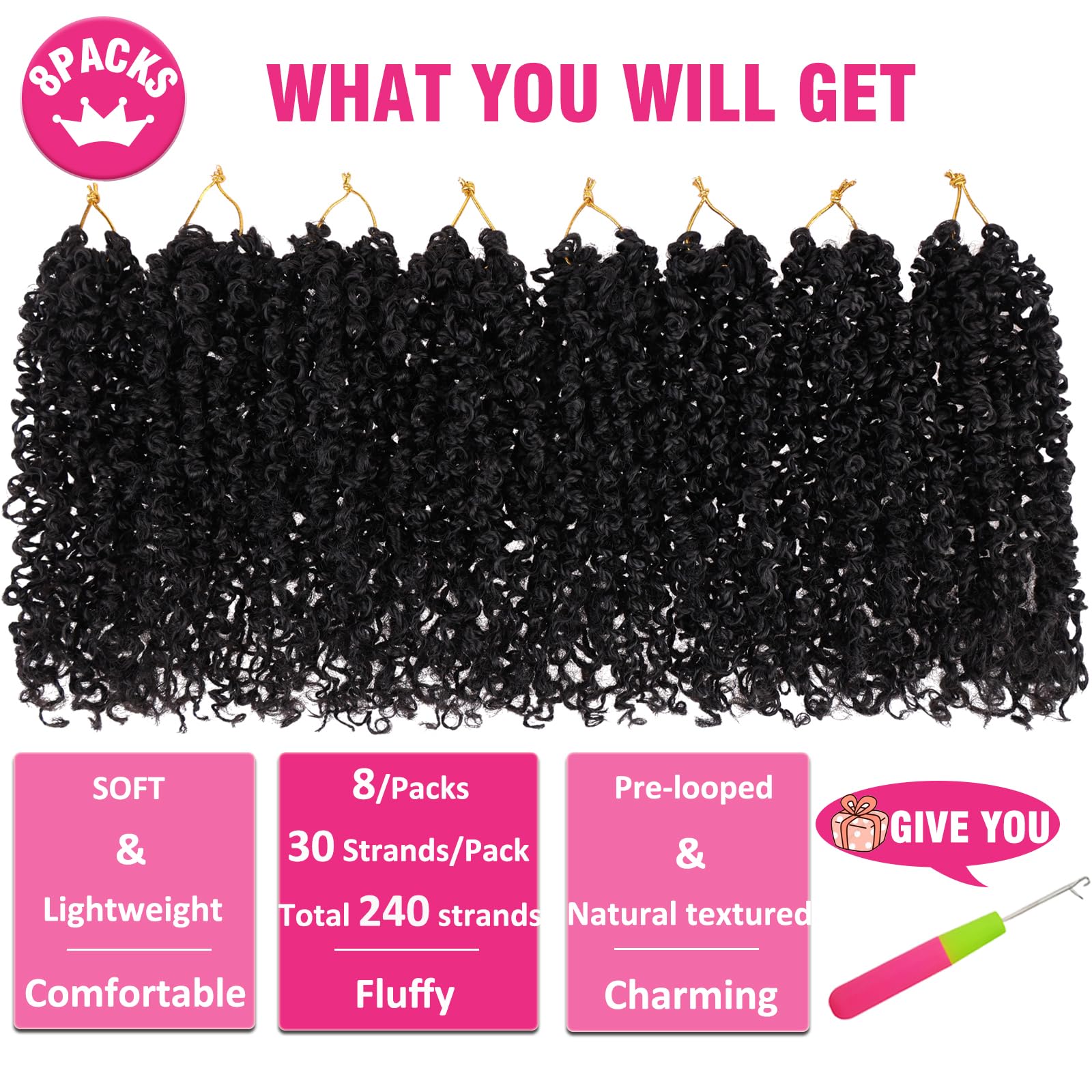 Unionbeauty 8 Packs Pre-looped Yanky Twist Crochet Braids Hair 8 Inch 30 Strands/PCS Natural Black Pre-twisted Passion Twist Boh
