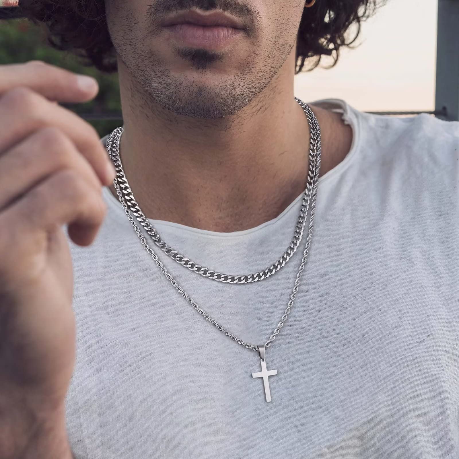 Ursteel Cross Necklace for Men - Black Cross Necklaces Chain for Men Layered Rope Chain Jewelry 22 24 Inch