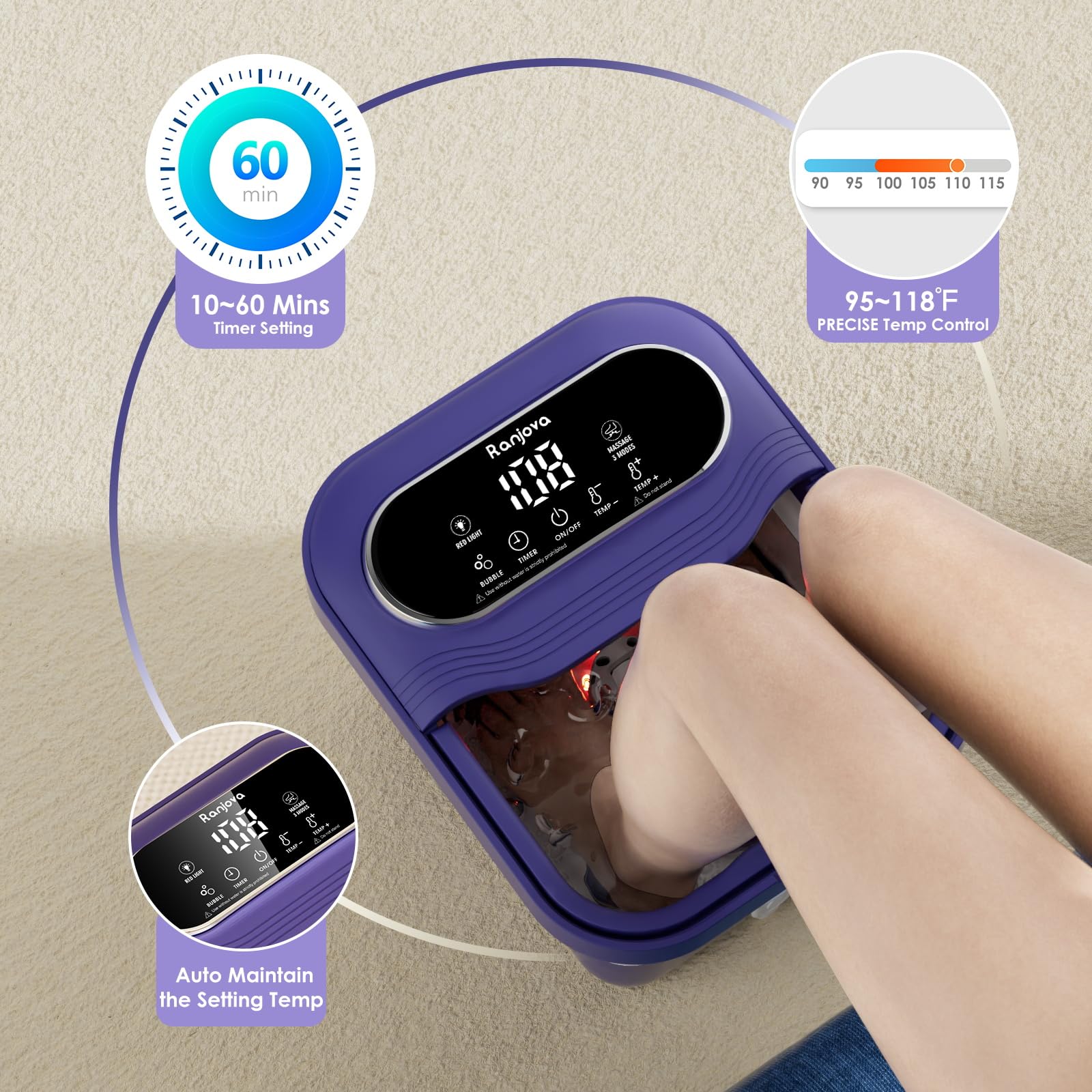 Ranjova Foot Spa Electric Rotary Massage, Collapsible Foot Bath With Heat, Bubble,Temp Control, And 24 Motorized Shiatsu Massage