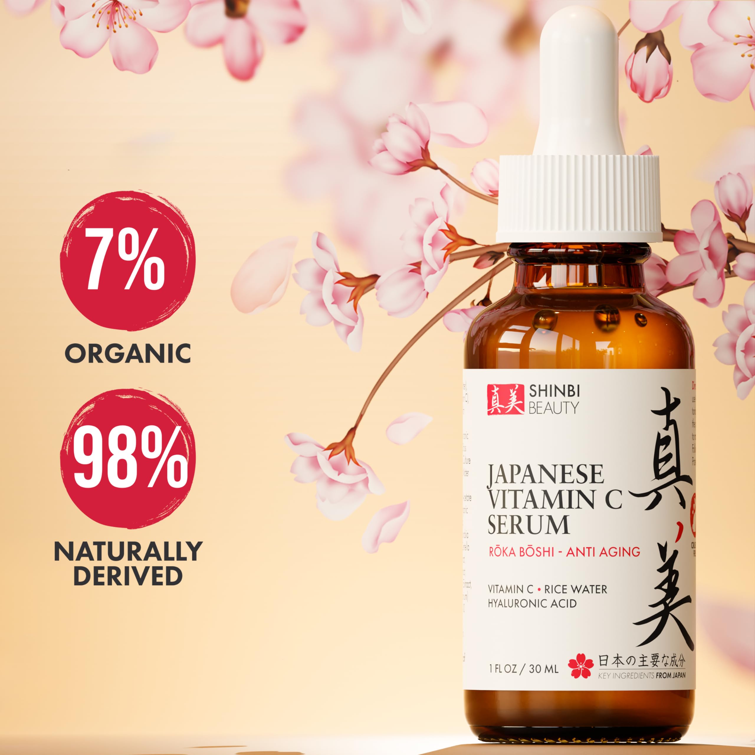 Shinbi Beauty Japanese Vitamin C Serum With Rice Water + Hyaluronic Acid - Japan Skincare Products For Anti Aging Anti Wrinkle J