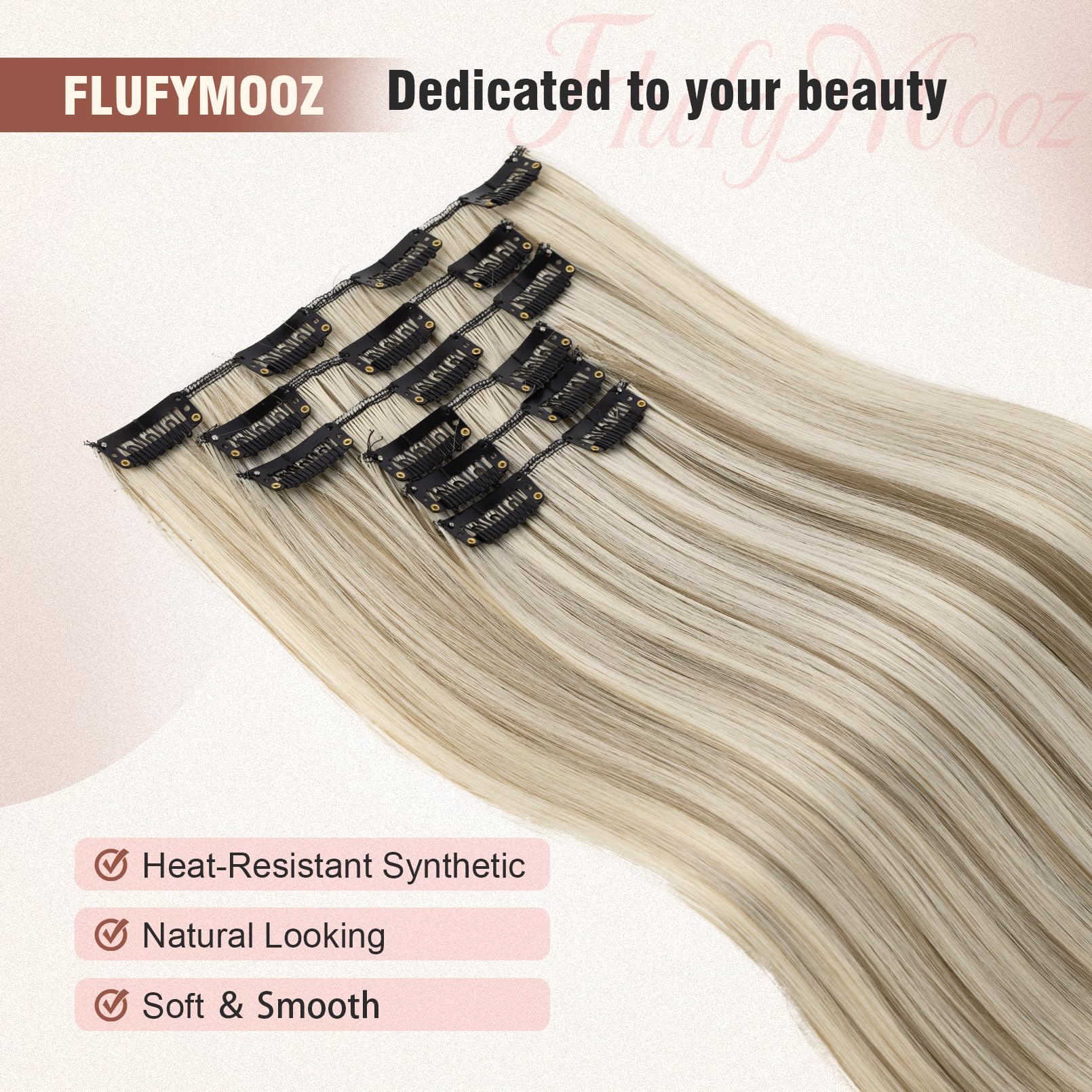 Flufymooz 6Pc Clip In Hair Extensions 24'' Straight Long Extensions For Women Synthetic Hairpiece (Ash Brown With Blonde Highlig