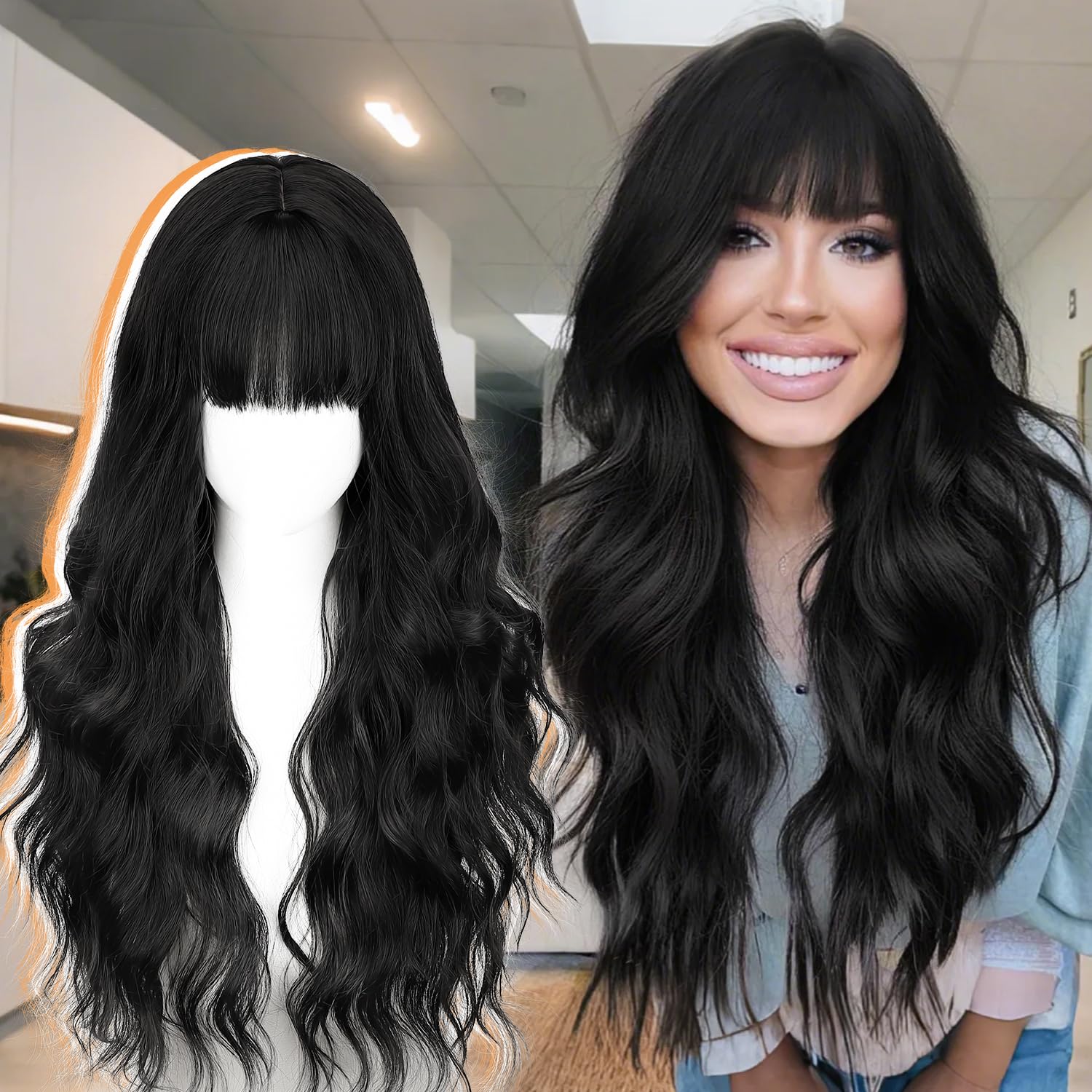 AISI HAIR Black Wig with Bangs Long Wavy Synthetic Wig for Women with Daily Party Use