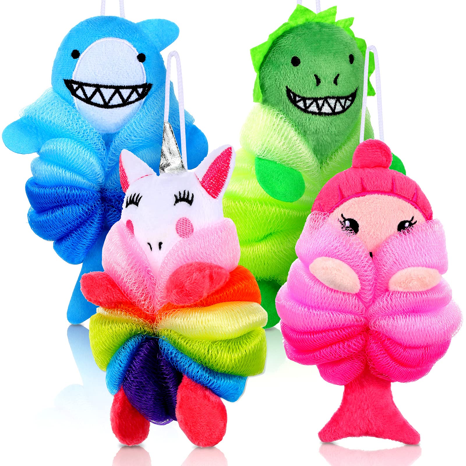 Tatuo 4 Pcs Animal Bath Loofahs Woman Body Loofah Cartoon Shower Loofahs Cute Bath Sponge Pouf Body Scrubbers Mesh Loofah Sponge