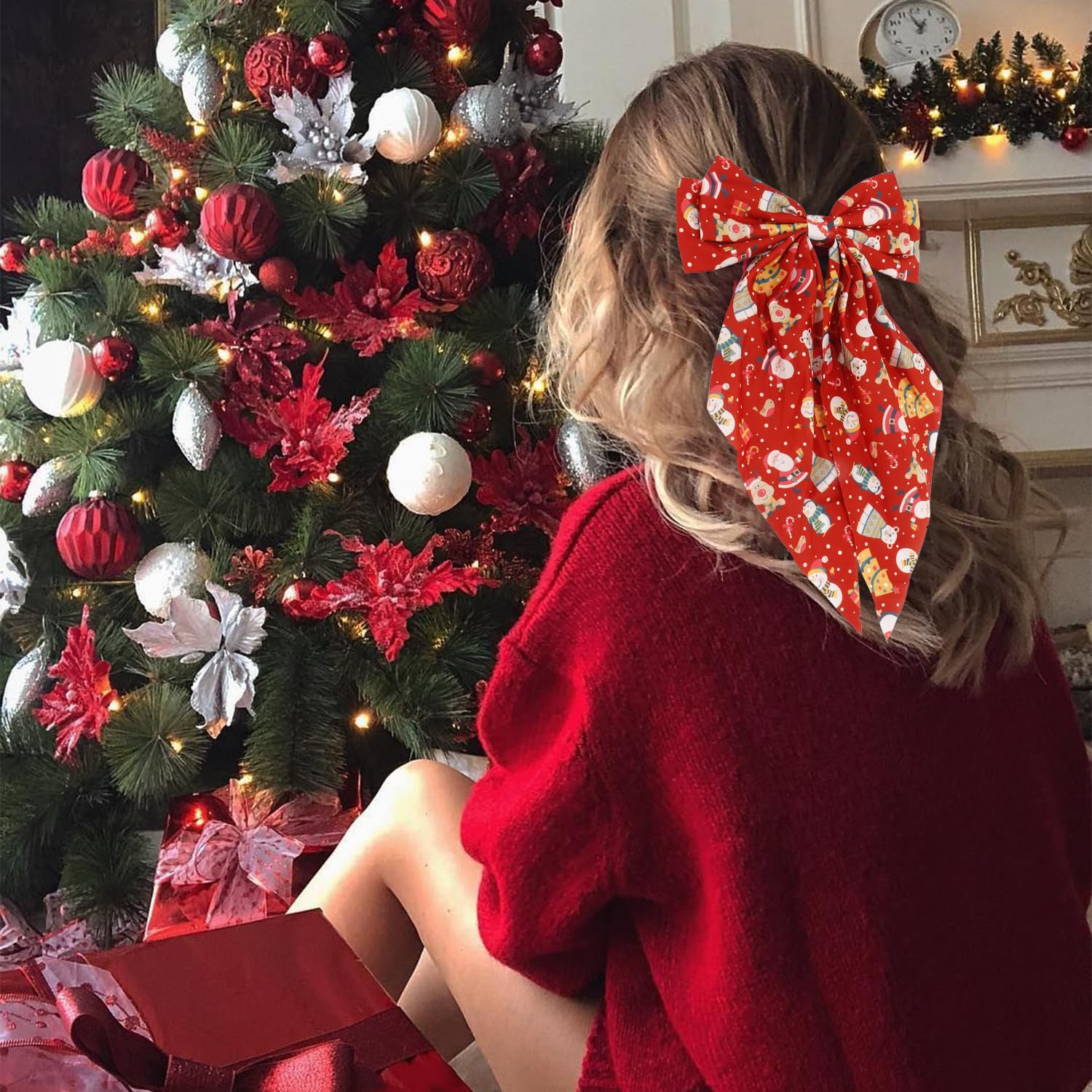 Atoden Christmas Hair Bows Clips Oversized Long Tail with Barrettes Clips Large Bowknot Hair Accessories for Women Girls Teens C