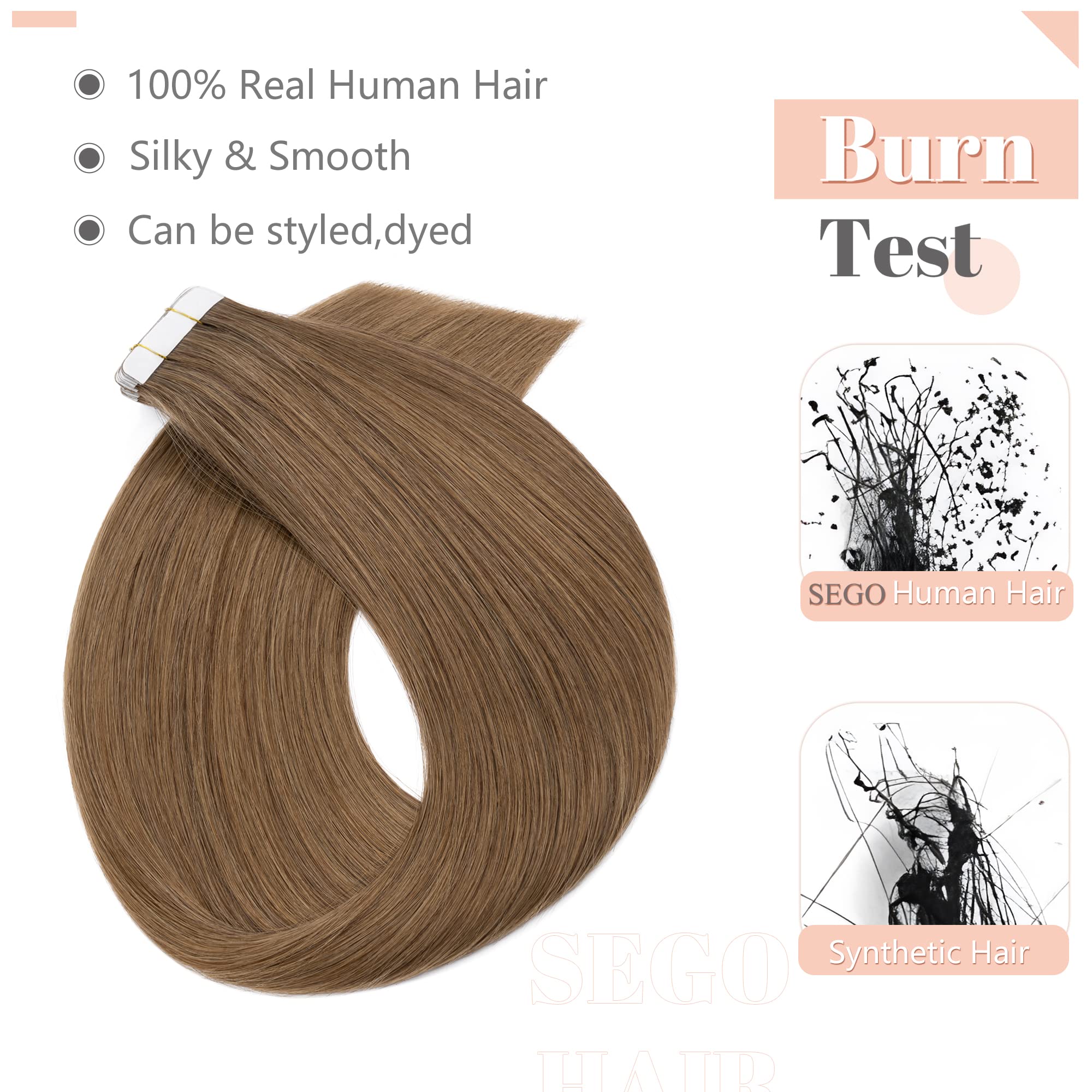 Sego Tape In Hair Extensions Human Hair 18 Inch Light Brown 20Pcs 50G Straight Natural 100% Remy Rooted Seamless Skin Weft Invis