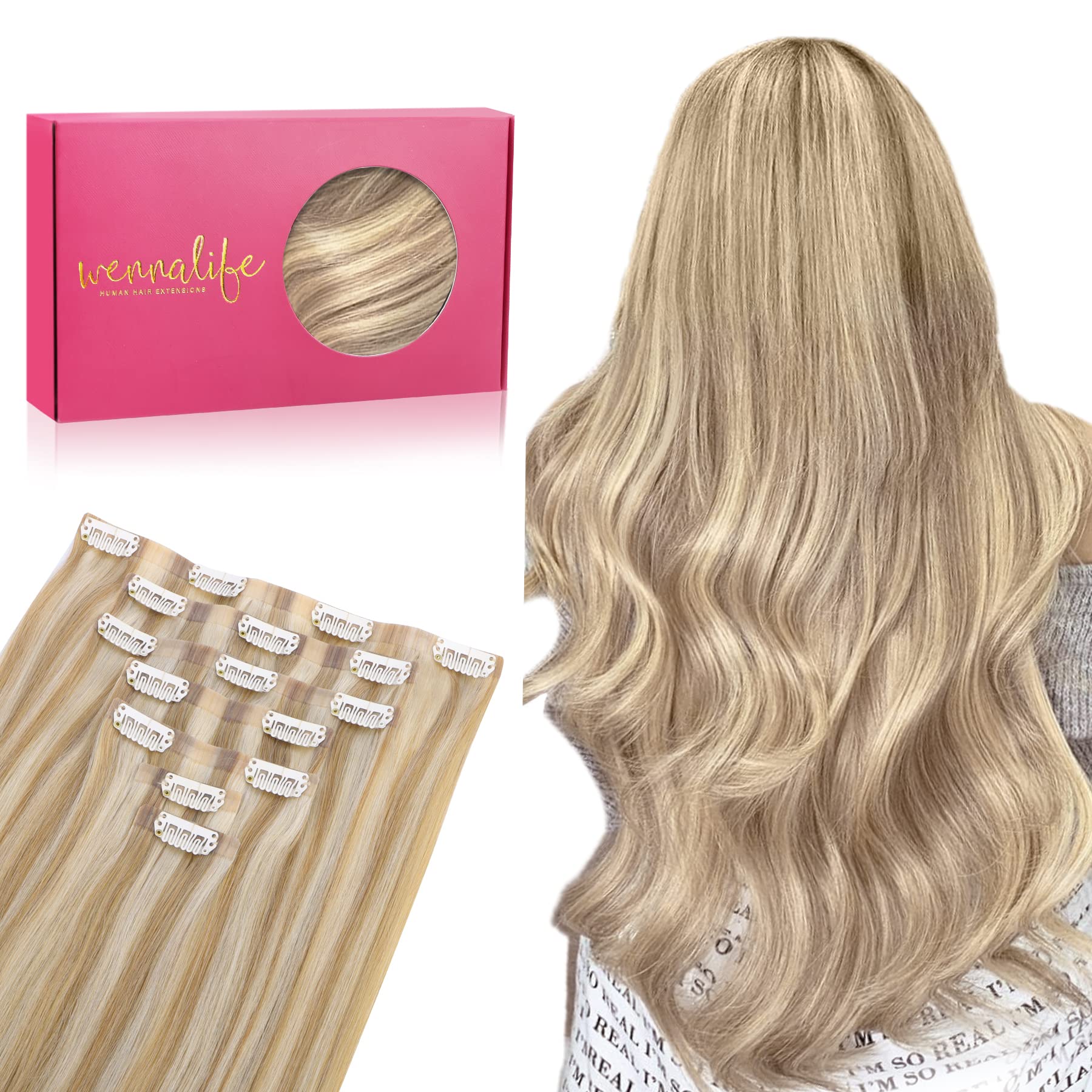 Wennalife Seamless Clip In Hair Extensions, 14 Inch 130G 7Pcs Dirty Blonde Highlighted Bleach Blonde Hair Extensions Clip In Hum