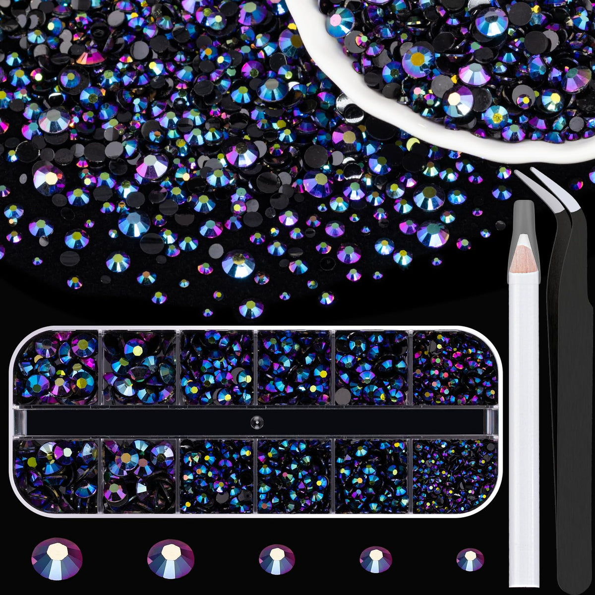 BELLEBOOST Resin Rhinestones Kits, 2/3/4/5/6mm Flatback Jelly Rhinestones, 1 Box Purplish Black AB Non Hotfix Crystal Gems for D