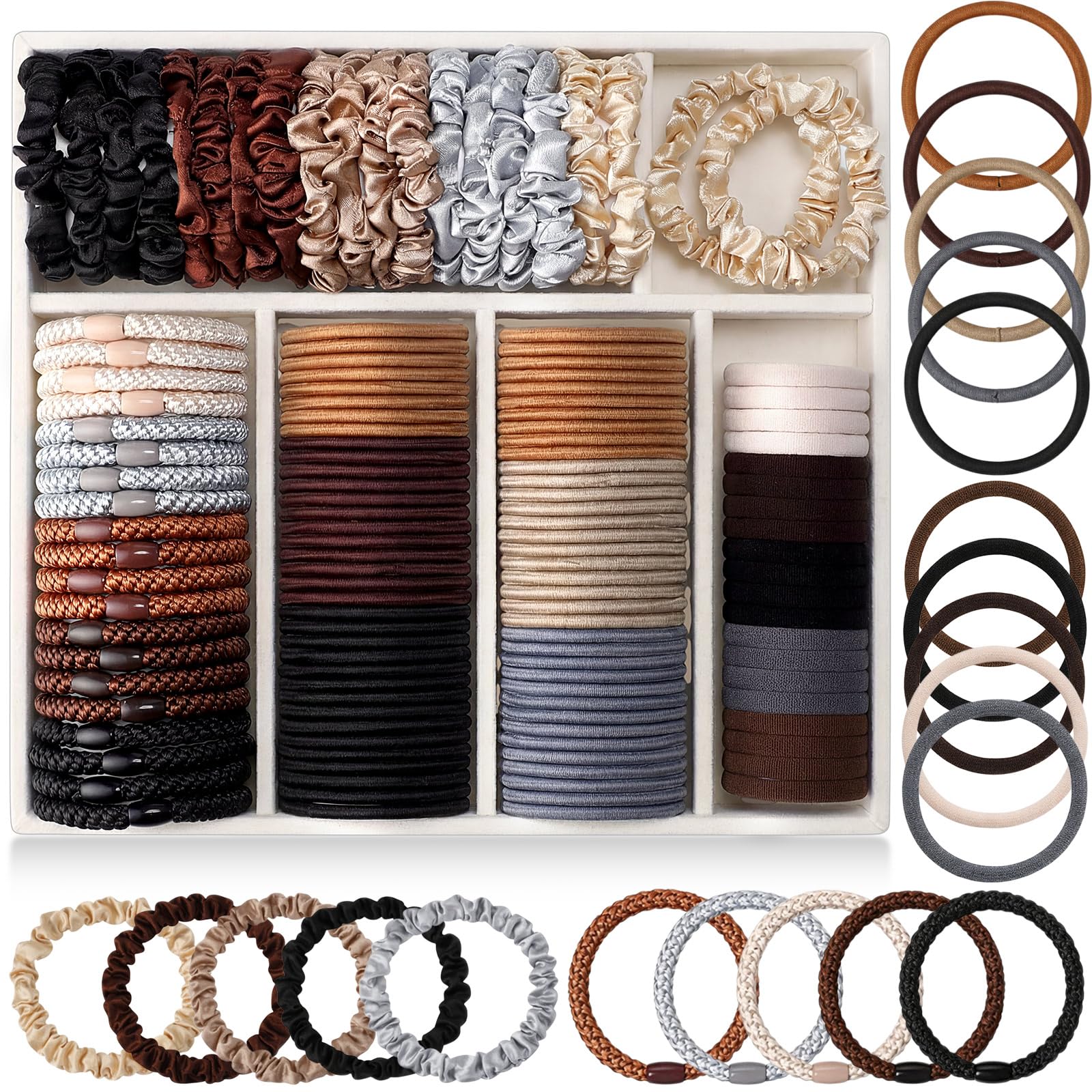 Chuangdi 160 Pcs Hair Ties Set, 5 Styles in Neutral Earthy Shades, Seamless Elastic Hairbands for Thick Thin Hair, Nice for Dail