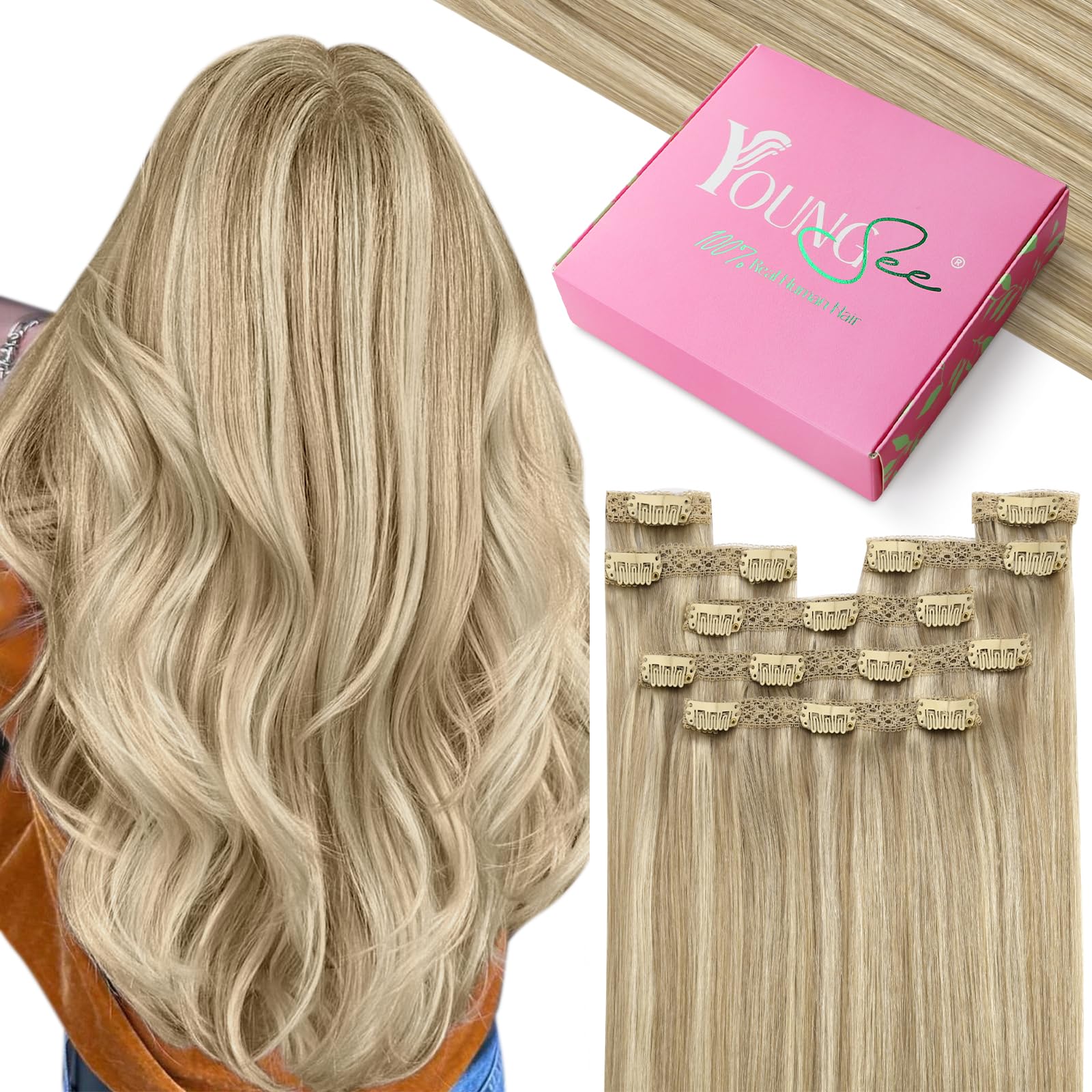 YoungSee 135G Clip in Human Hair Extension Blonde Highlight Clip in Real Hair Extensions Dark Ash Blonde Highlights Golden Blond