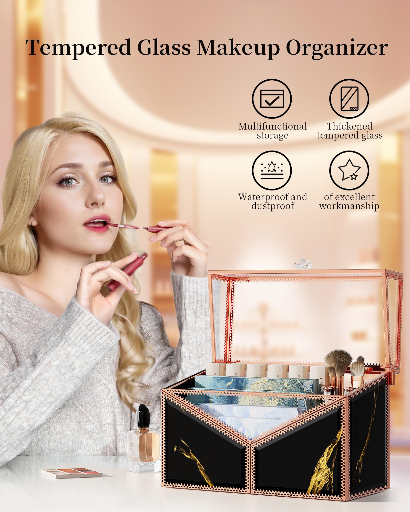 Youdepot Lipstick Organizer Lipstick Holder - 24 Spaces, Tempered Glass Lip Gloss And Perfume Organizer,Vanity Lipstick Holder A