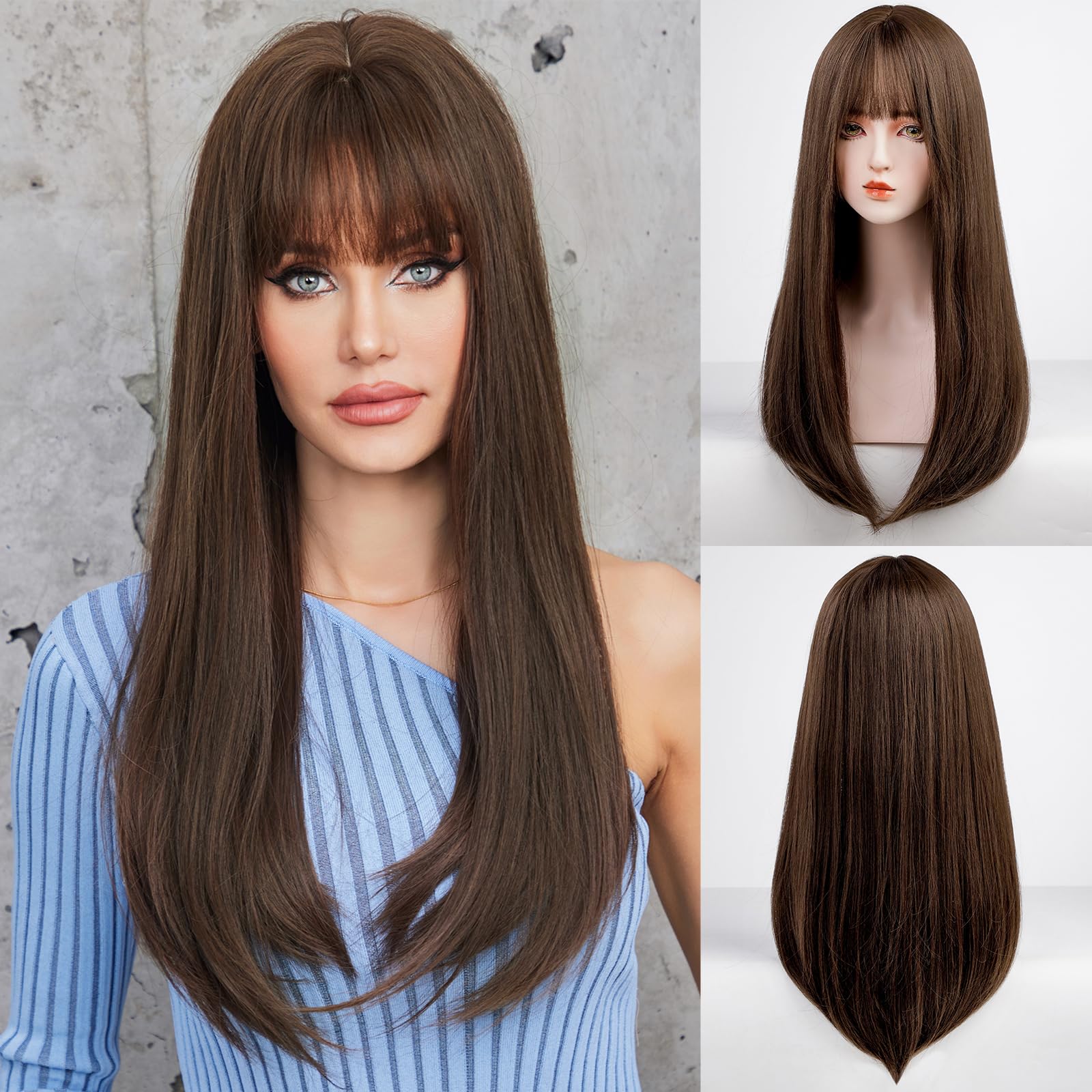 EMMOR Brown Wig With Bangs For Women Long Straight Wigs Synthetic For Girls Halloween Party Cosplay And Daily Use(26'' Brown)