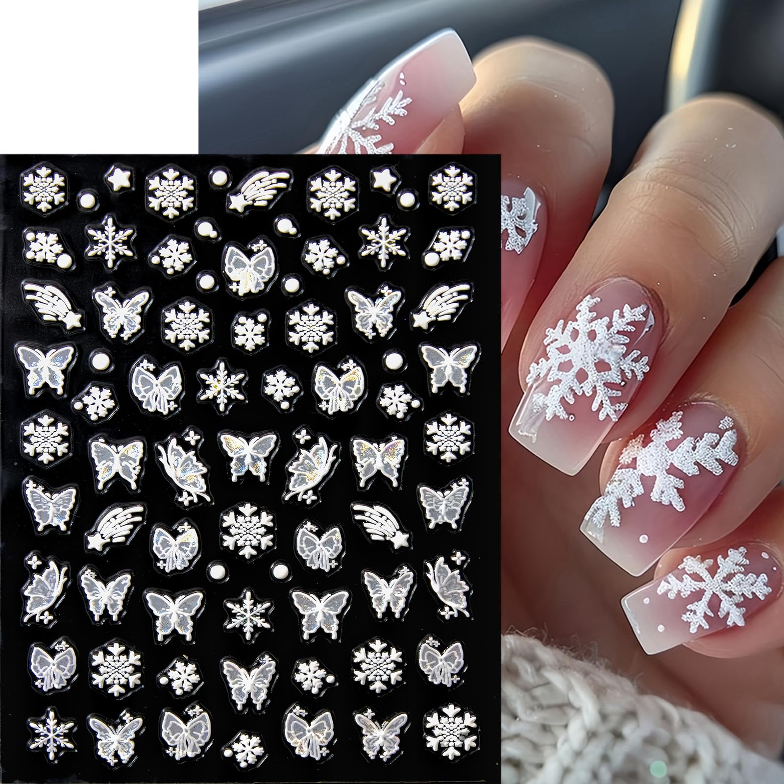 3Pcs Christmas Nail Art Stickers 5D Embossed White Snowflake Butterfly Nail Art Stickers Pink Xmas Tree Bow Snowman Santa Claus