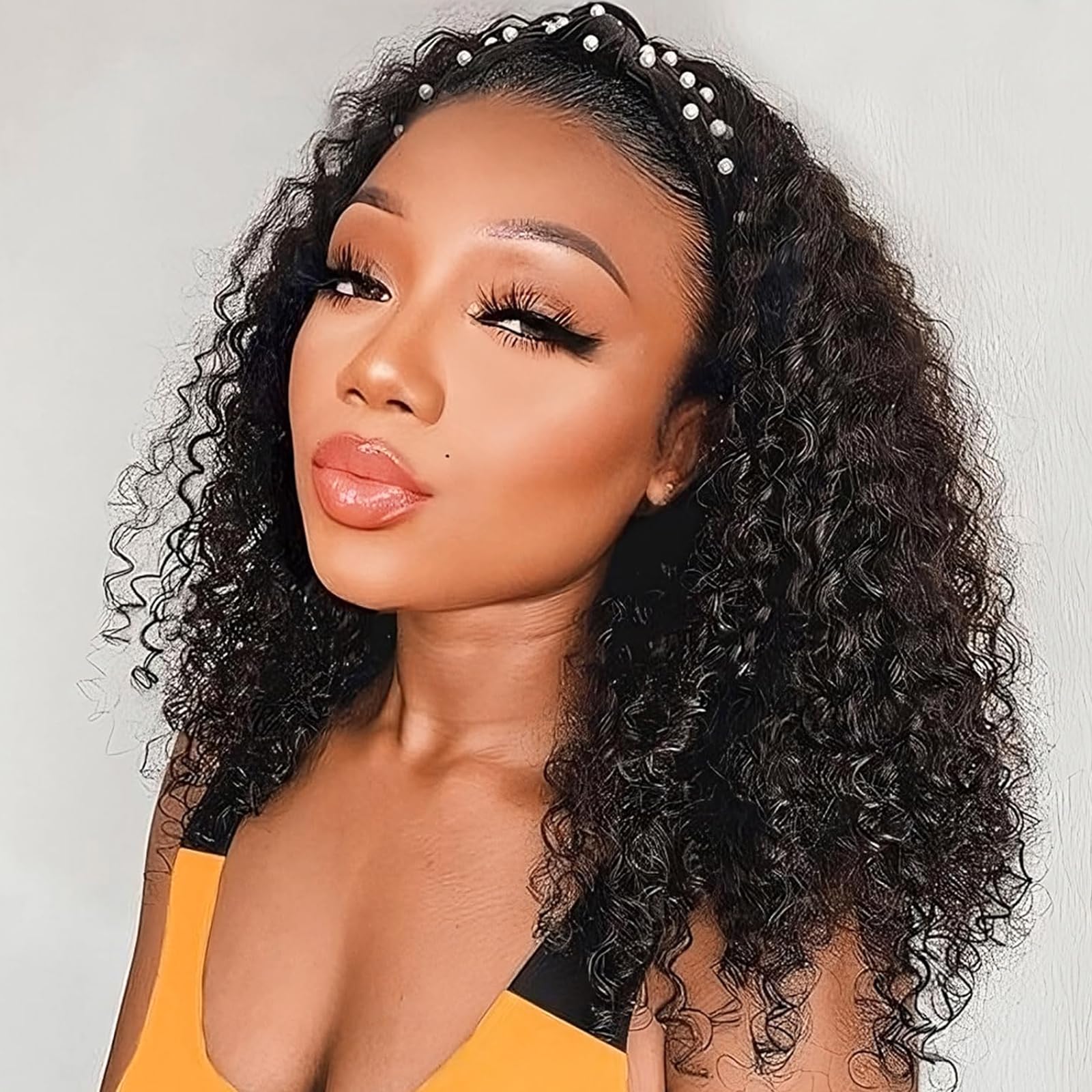 AISI QUEENS Headband Wig Human Hair For Black Women Curly Wigs Glueless Human Hair Short Curly Headband Wigs (18 Inch, Curly Hea