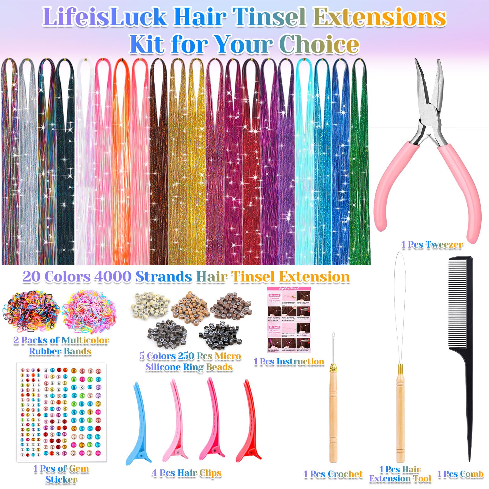 LifeisLuck 20 Colors Fairy Hair Tinsel Kit - 4000 Heat Resistant Glitter Strands for Hair Extensions, Perfect for Christmas, Halloween, Cosplay Parties