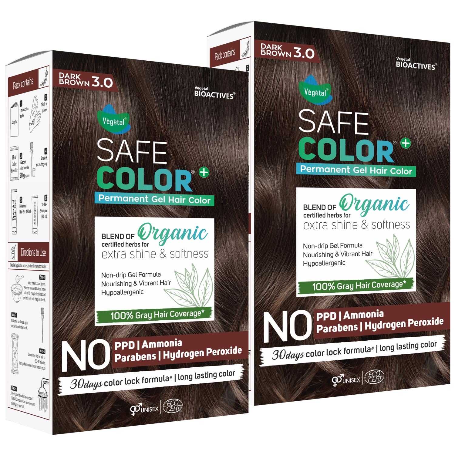 Vegetal Safe Color Dark Brown 3.0, 70Ml. (Pack Of 2) Permanent Gel Hair Colour, Organic Herbs Blend, Chemical-Free, 100% Grey Co