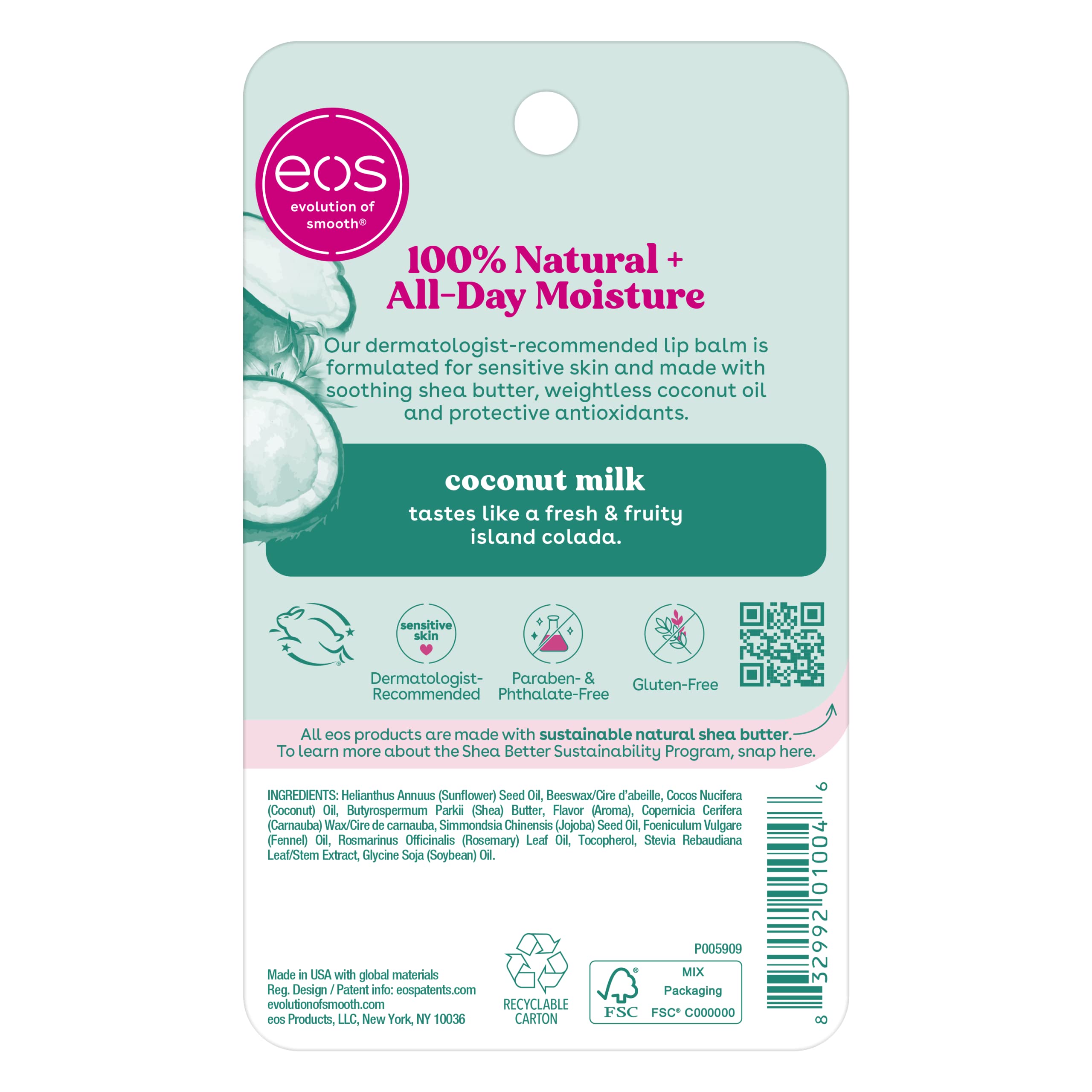 Eos 100% Natural Lip Balm- Coconut Milk, All-Day Moisture, Made For Sensitive Skin, Lip Care Products, 0.25 Oz