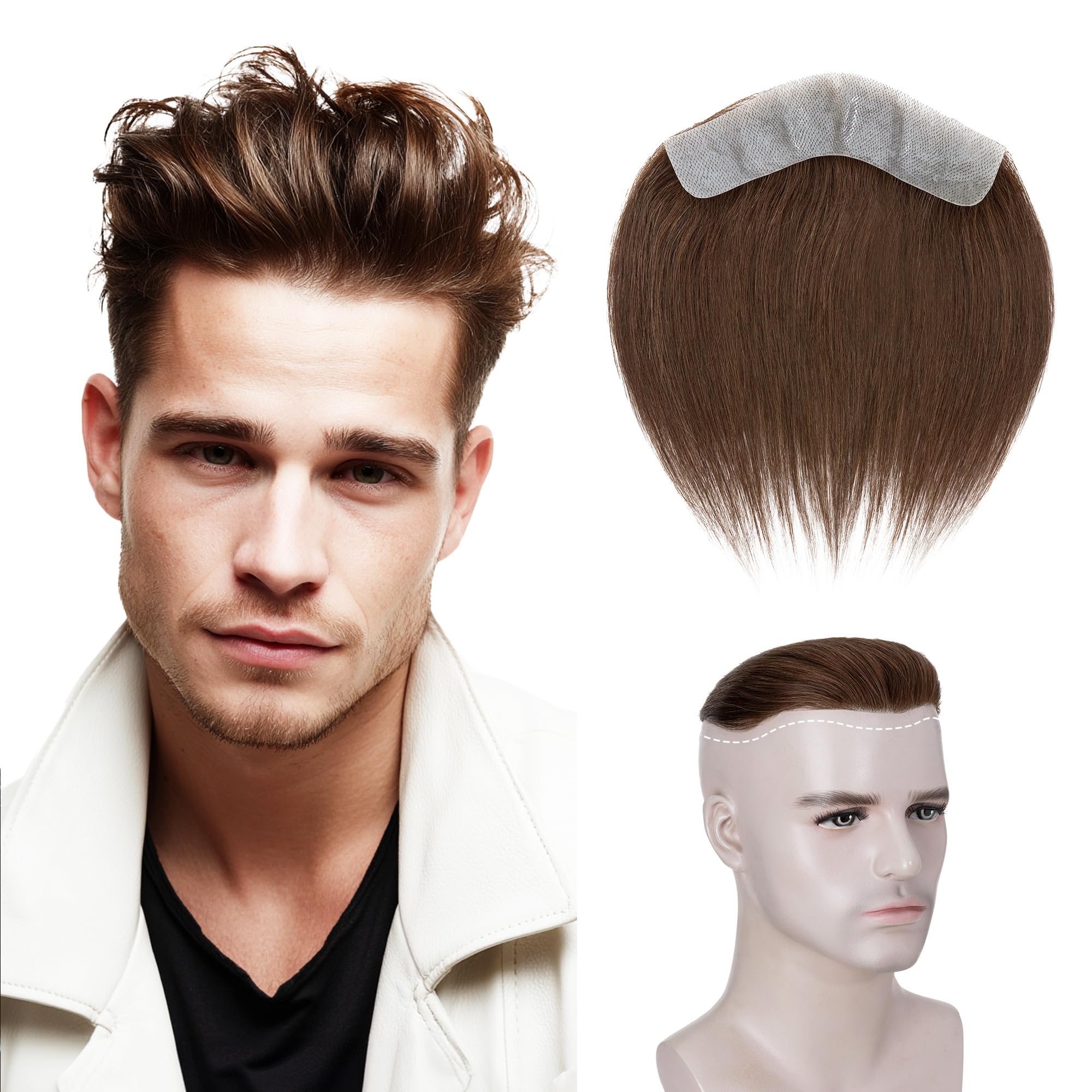 SEGO Mens Hairline Toupee 100% Human Hair Forehead Hairpiece V-Shape 1.57x7 PU Thin Skin Base Natural Hairline Replacement(Hair