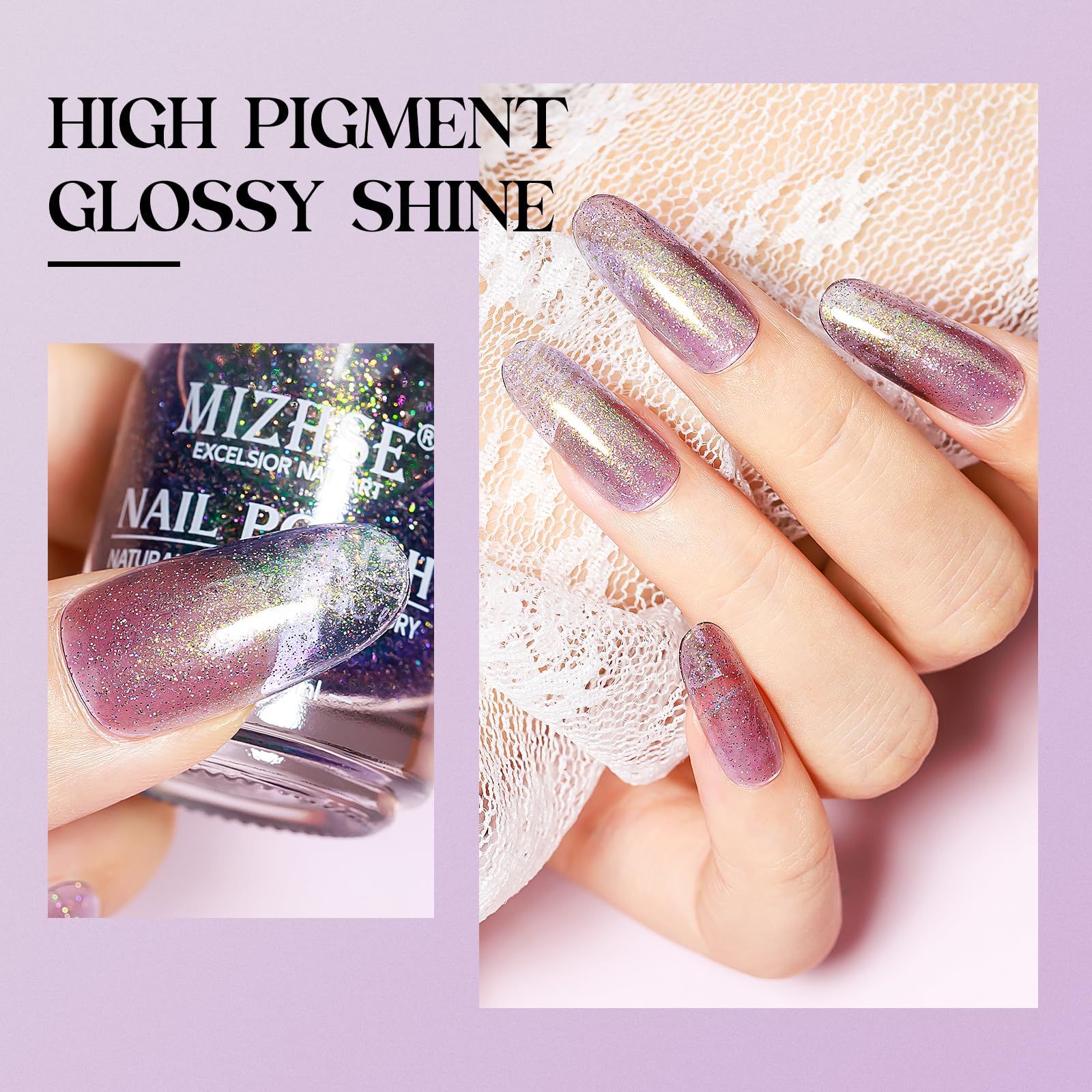 Mizhse Quick Dry Nail Polish, Holographic Neon Purple Nail Polish Air Dry Fast, 15Ml/0.5 Fl Oz Regular Sparkle Shimmery Oil-Base
