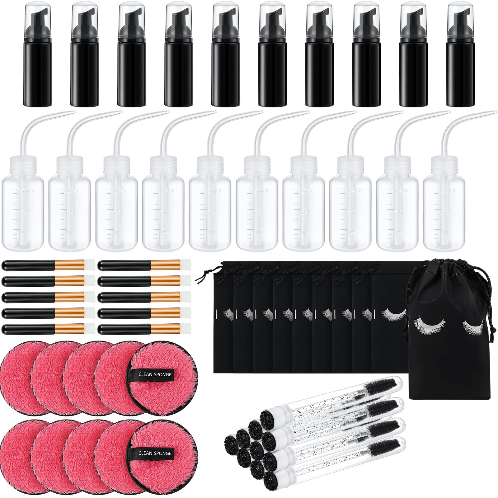 Dansib 60 Pcs Lash Shampoo Brushes Set 10 Lash Shampoo Brushes 10 Mascara Tubes and Wands 10 Foam Pump Bottle 10 Cleaning Rinse 