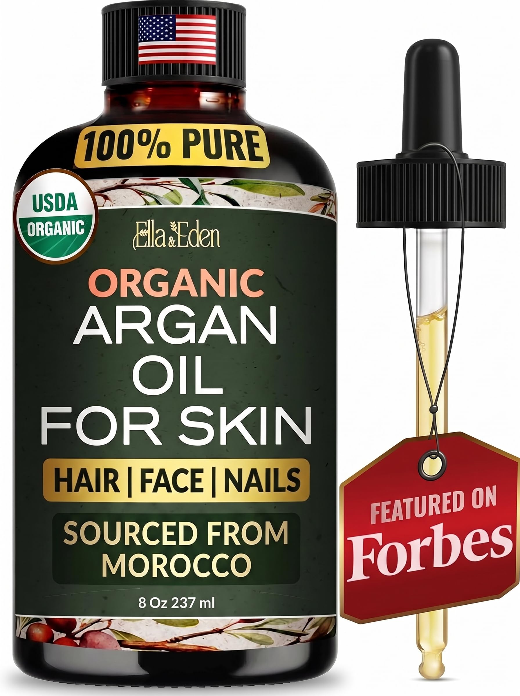 Ella & Eden Organic Argan Oil Of Morocco  100% Pure ColdPressed, 8 Oz