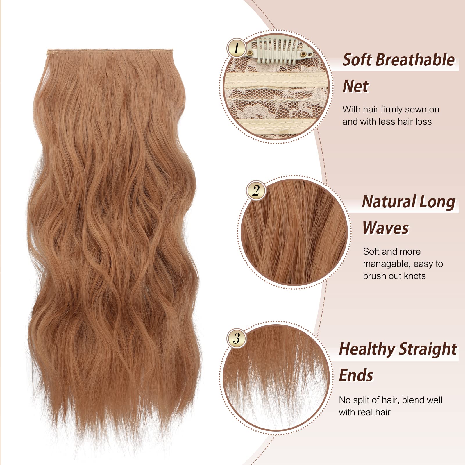 FESHFEN Clip in Hair Extensions - 4 PCS Long Wavy Auburn Brown Thick Clip in Hairpieces Full Head Synthetic Hair Extension for W