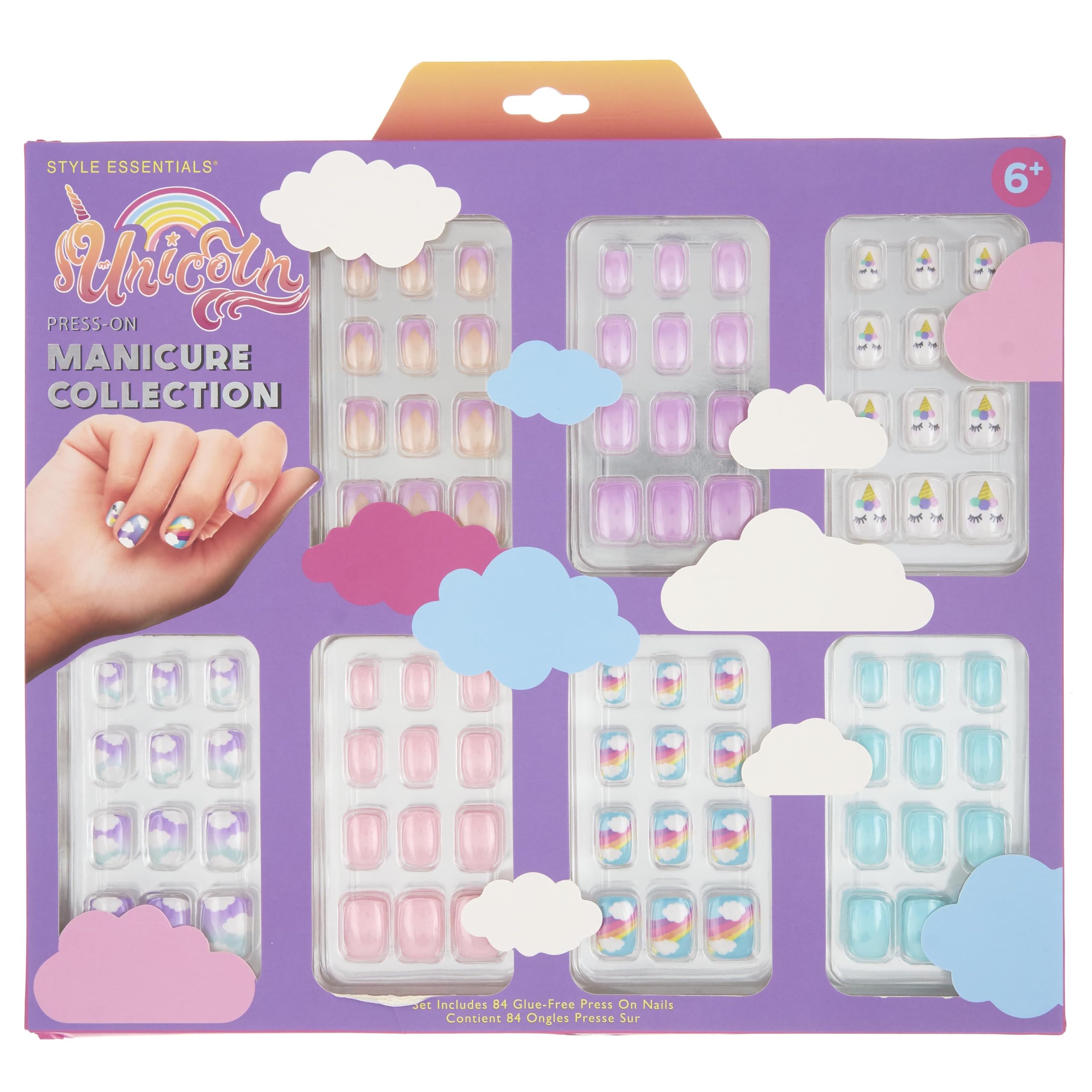 Expressions 7 Day Manicure Collection - 84Pc Press On Nail Set, Day-Of-The-Week Adhesive False Nails For Girls (Pastel Unicorn C