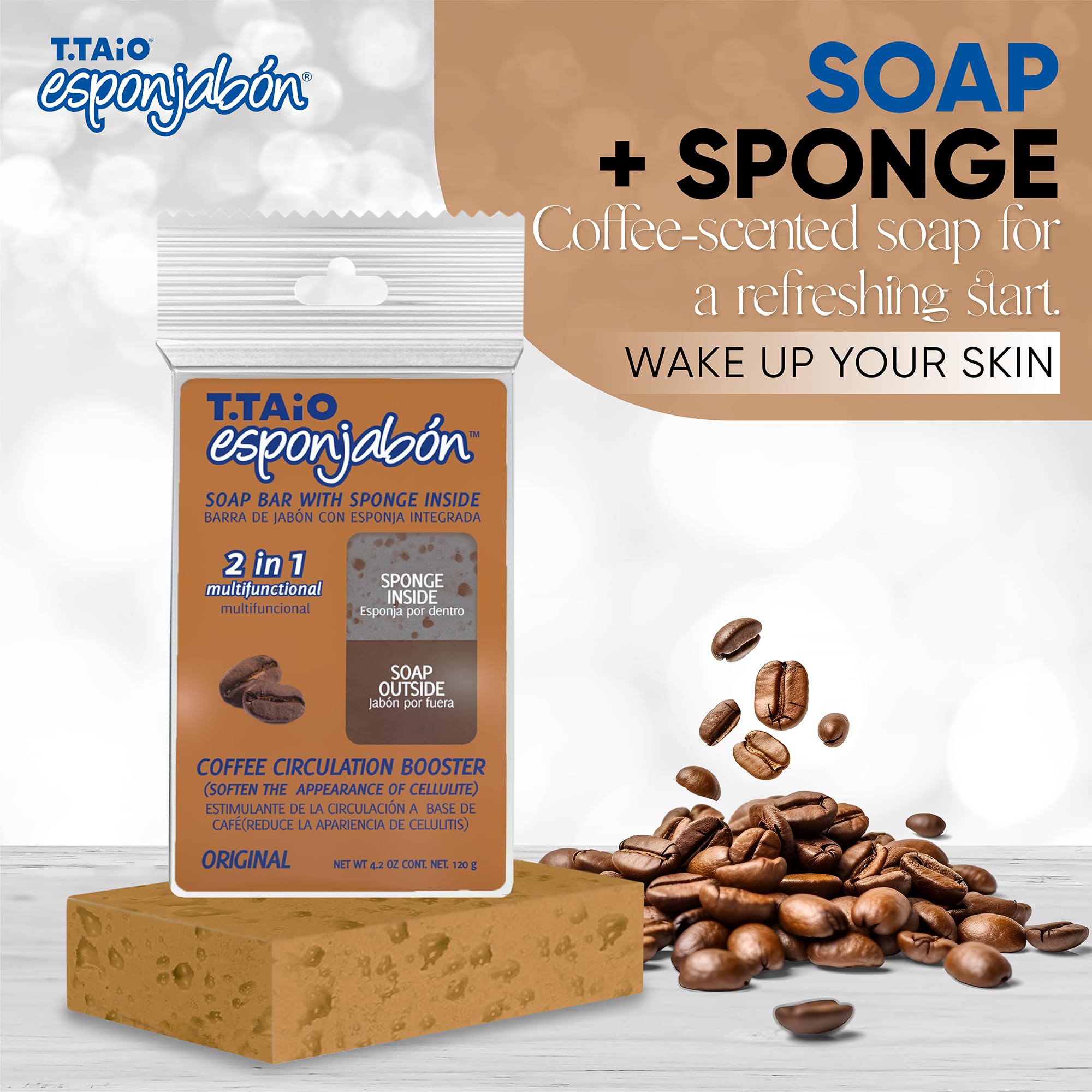 T.Taio Coffee Esponjabon Soap Sponge - Gentle Shower Scrubber - Cleaning Bath Wash Scrub - Dirt & Oil Removal - Massage & Lather