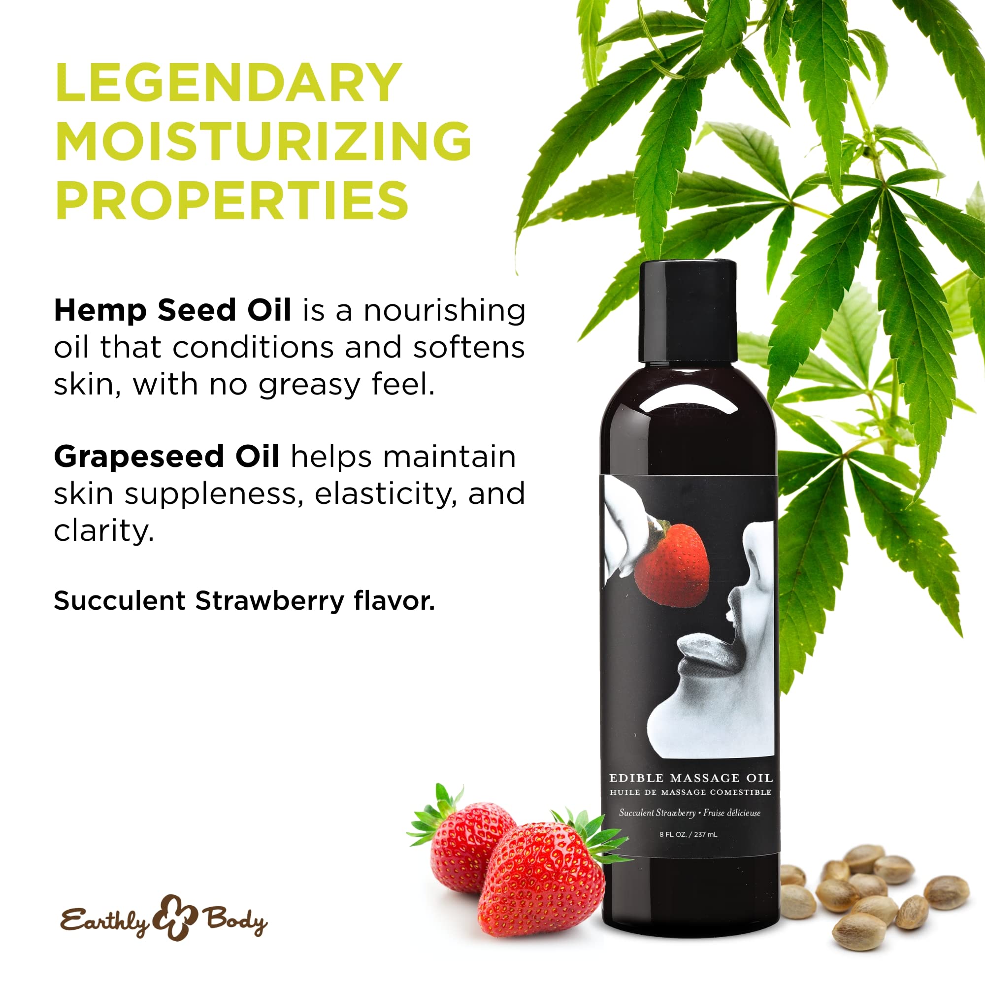 Earthly Body Edible Massage Oil, Strawberry - 8 fl. oz. - Hemp Seed, Almond, Grapeseed, Apricot & Vitamin E Oil - Vegan & Cruelt