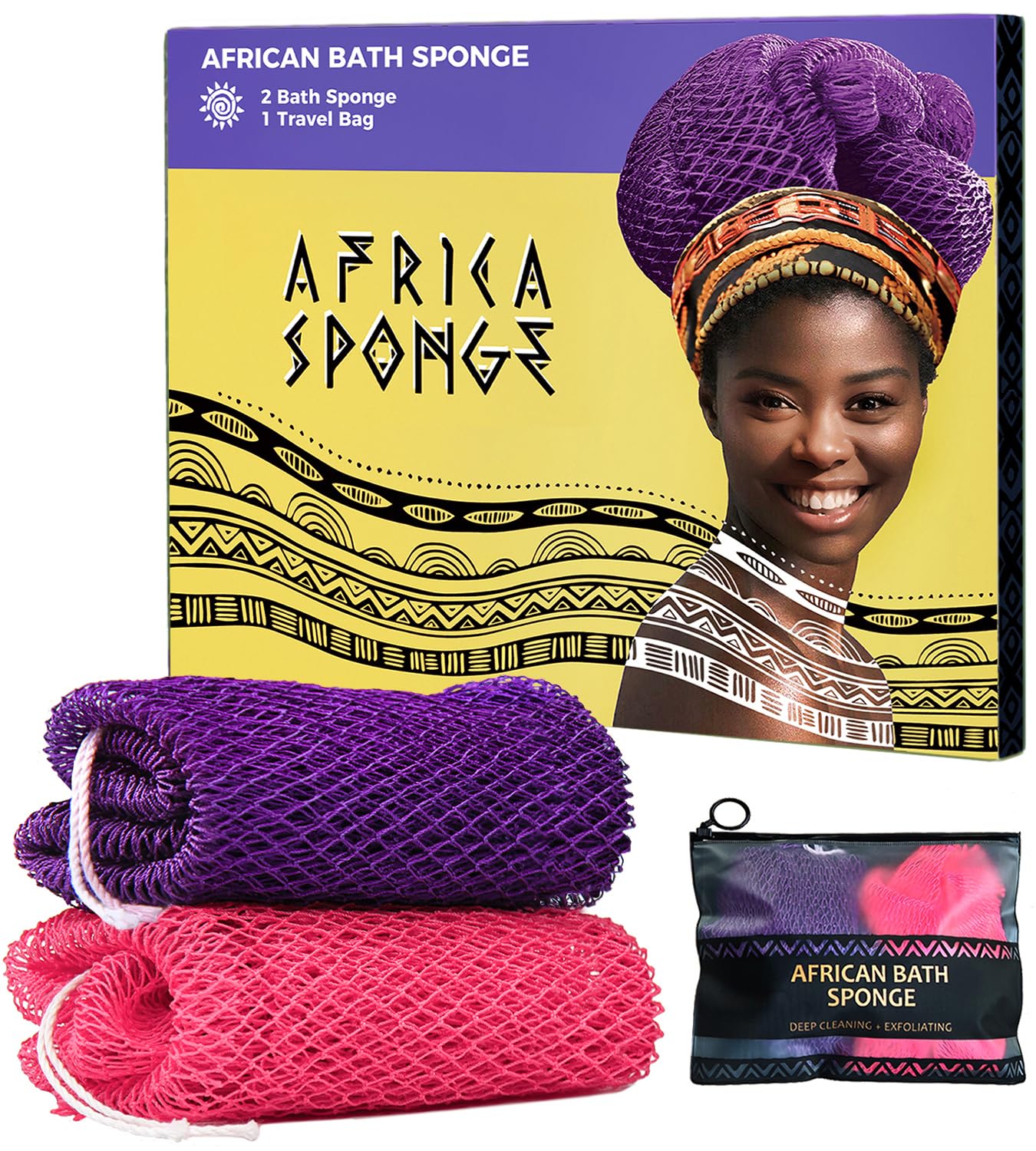African Net Sponge Authentic - 2 Pieces Exfoliating Body Scrubber Bath Sponge - Back Scrubber Washcloth For Shower With Travel B