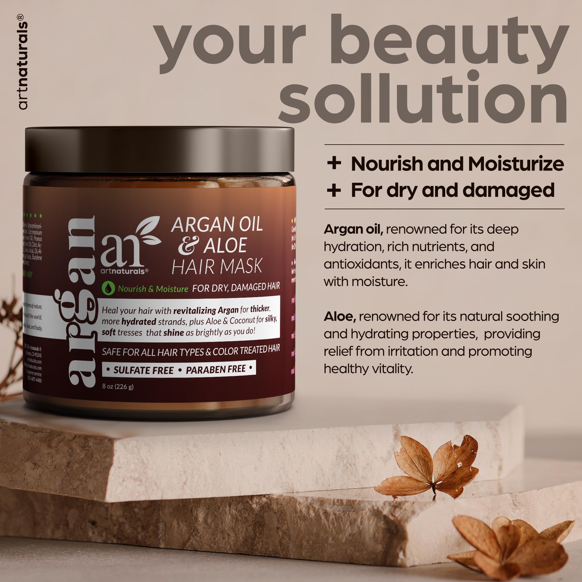 Artnaturals Argan Hair Mask Conditioner - (8 Oz/226g) - Deep Conditioning Treatment - Organic Jojoba Oil, Aloe Vera & Keratin -