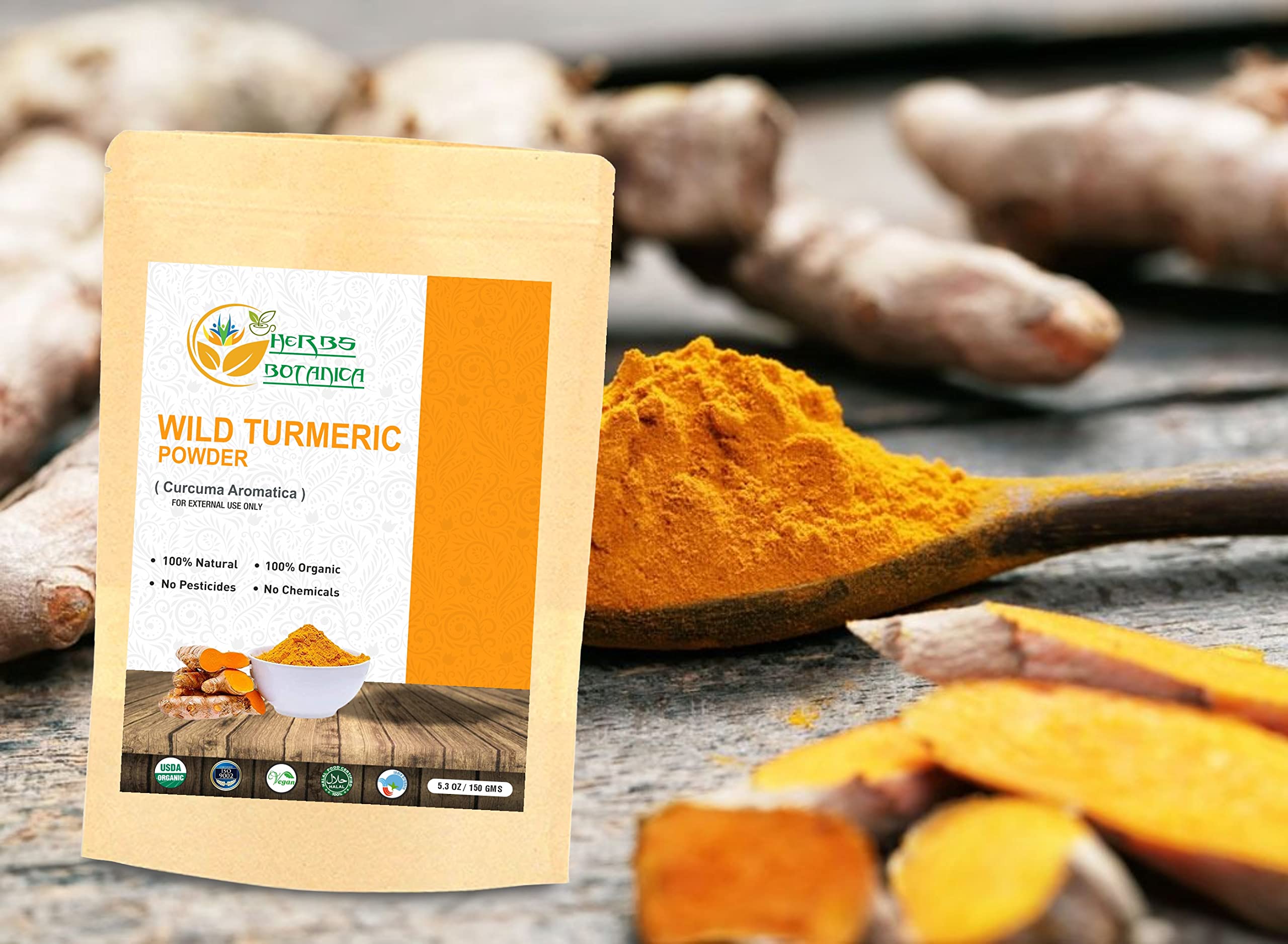 Herbs Botanica Wild Turmeric Powder Exfoliator| Amba Haldi Powder | Kasturi Manjal | Kasturi Turmeric150 Gms / 5.30 Oz